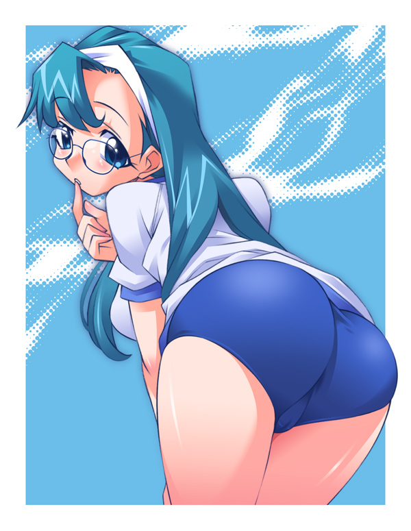 yuumi kazuaki, tagme, ass, blue background, blue theme, buruma, cowboy shot, glasses, gym uniform, solo