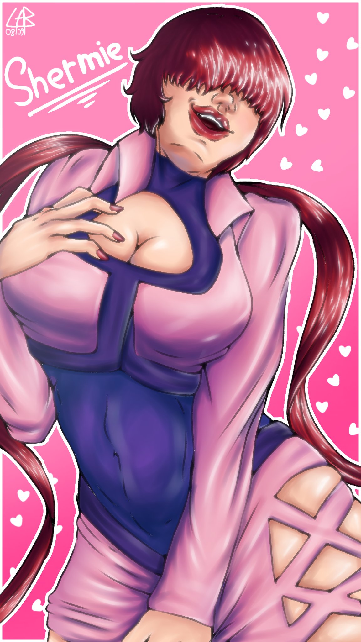 shermie (kof), the king of fighters, 1girl, gab 2 , breasts, cleavage, cleavage cutout, clothing cutout, curvy, dress, female focus, fishnets, heart, huge breasts, jacket, large breasts, long hair, long sleeves, pale skin, ponytail, red hair, skirt, smile, smiley face, thick thighs, thighs, twintails, wide hips