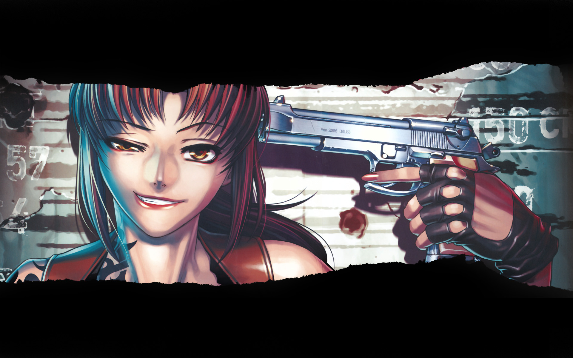 revy (black lagoon), black lagoon, highres, 00s, 1girl, beretta 92, crazy eyes, crazy smile, female focus, gun, gun to head, handgun, holding, holding gun, holding weapon, holster, pistol, red hair, shoulder holster, smile, solo, weapon