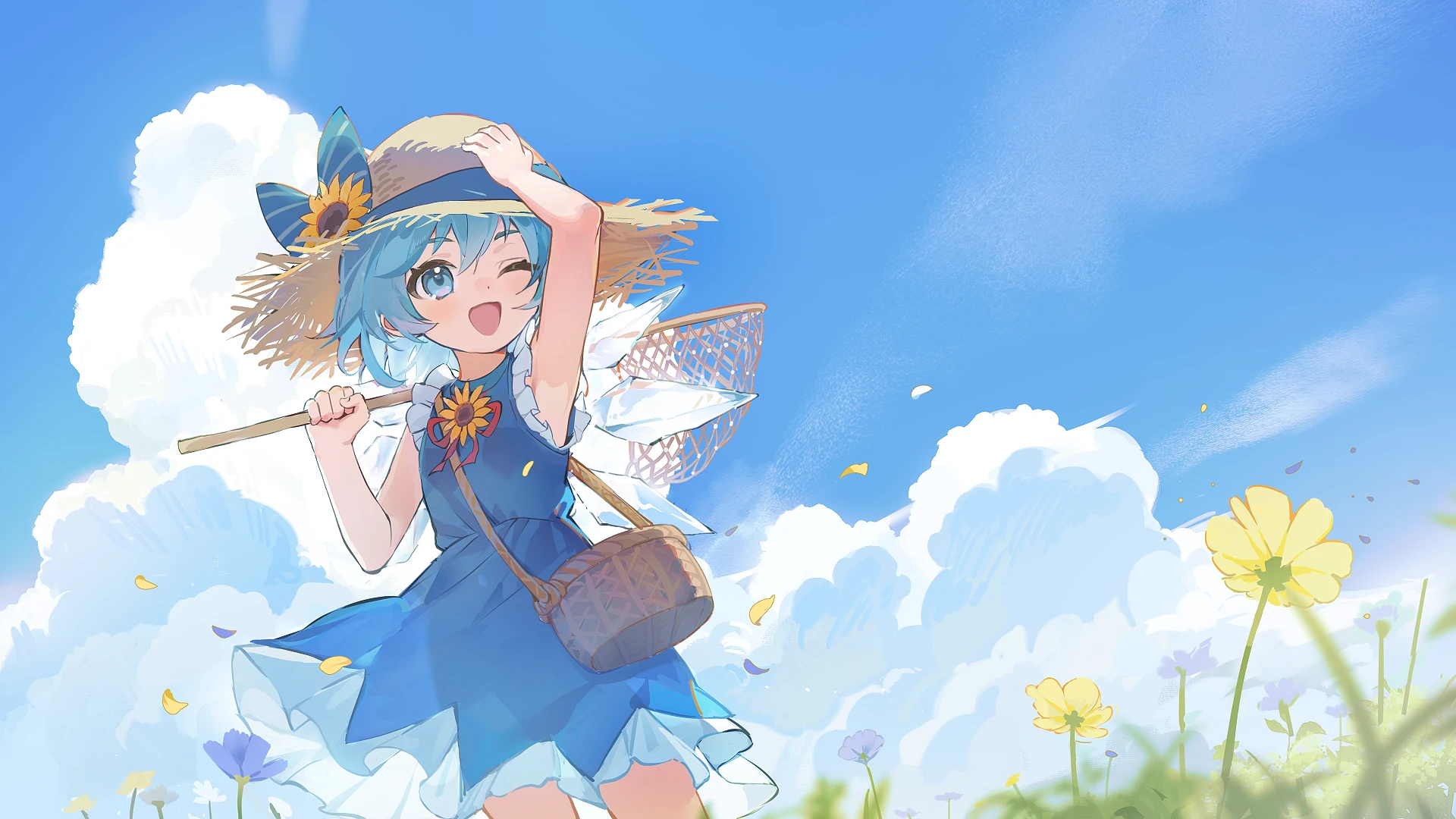 siyumu, cirno, touhou, highres, 1girl, ;d, arm up, blue bow, blue dress, blue eyes, blue hair, bow, butterfly net, cloud, day, detached wings, dress, fairy, flower, frills, hand net, hat, hat flower, ice, ice wings, one eye closed, open mouth, outdoors, short hair, sky, sleeveless, sleeveless dress, smile, solo, straw hat, sunflower, wings, yellow flower