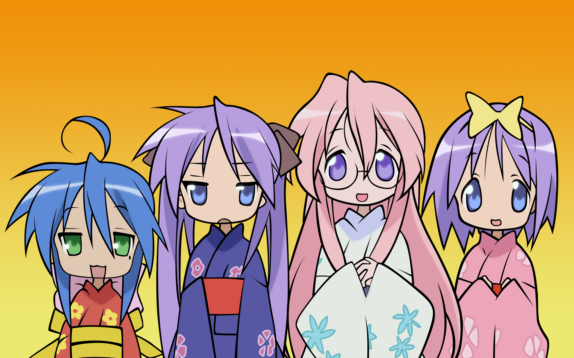 hiiragi kagami, hiiragi tsukasa, izumi konata, takara miyuki, lucky star, derivative work, highres, vector trace, 00s, 4girls, :3, blue eyes, blue hair, glasses, green eyes, hair ribbon, hairband, japanese clothes, kimono, long hair, looking at viewer, mole, mole under eye, multiple girls, open mouth, pink hair, purple eyes, purple hair, ribbon, short hair, siblings, sisters, smile, standing, tongue, twins, twintails, upper body, very long hair