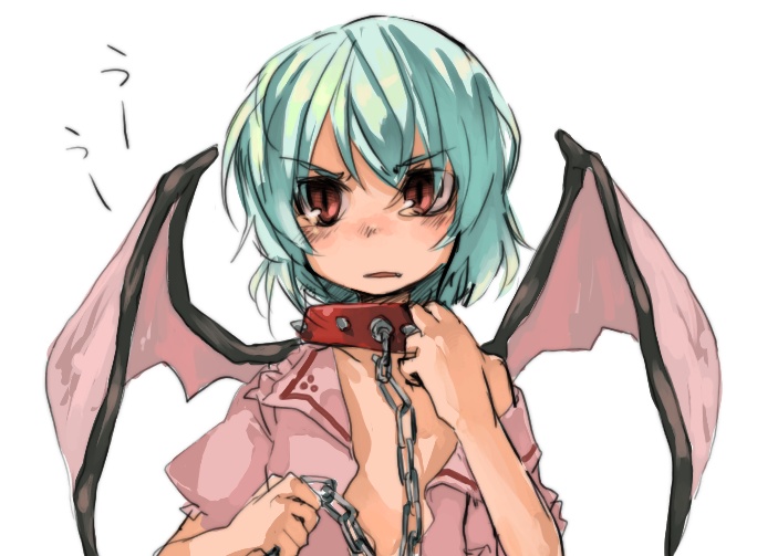takishima asaka, remilia scarlet, touhou, 1girl, bat wings, collar, female focus, simple background, solo, upper body, white background, wings