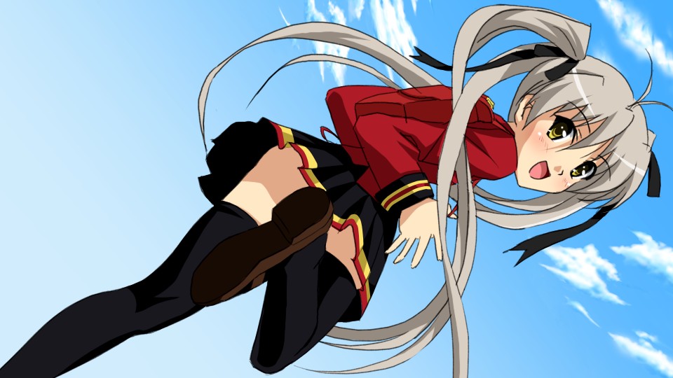 sanshita, mochida hinako, myself yourself, silver hair, 00s, antenna hair, ass, convenient censoring, long hair, open mouth, school uniform, serafuku, shoes, skirt, solo, thighhighs, twintails, upskirt, yellow eyes