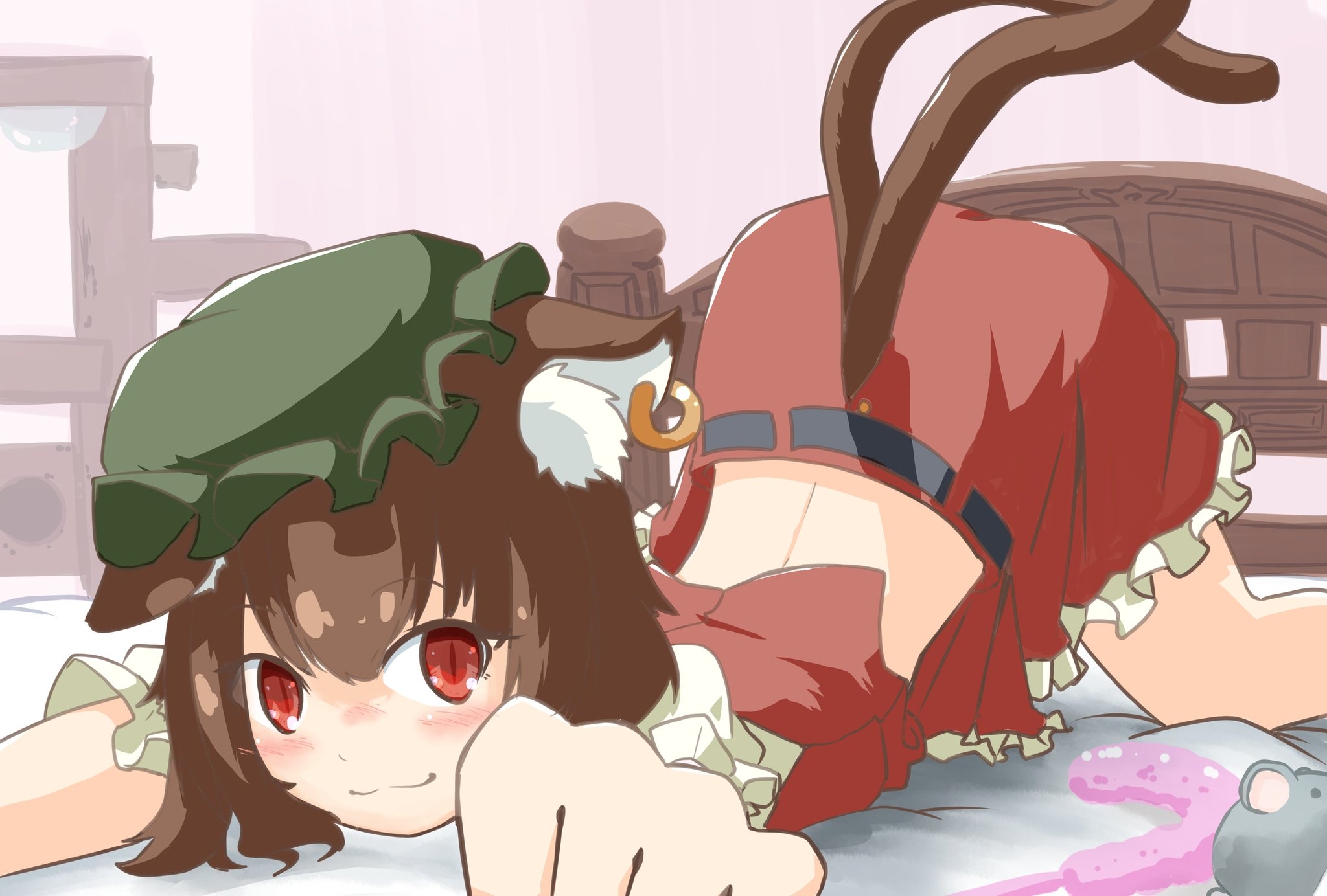 chen, touhou, commentary request, highres, 1girl, :3, animal ear fluff, animal ear piercing, animal ears, belt, blush, brown hair, cat ears, cat tail, closed mouth, clothing cutout, double-parted bangs, earrings, ears down, foot out of frame, frills, hair between eyes, hat, indoors, jewelry, legs apart, looking at viewer, midriff, mob cap, multiple tails, nekomata, nose blush, on bed, outstretched arms, perspective, petticoat, puffy short sleeves, puffy sleeves, red eyes, red skirt, red vest, short hair, short sleeves, single earring, skirt, skirt set, slit pupils, solo, stuffed animal, stuffed mouse, stuffed toy, tail, tail through clothes, tilted headwear, top-down bottom-up, two tails, umi-hamu, vest