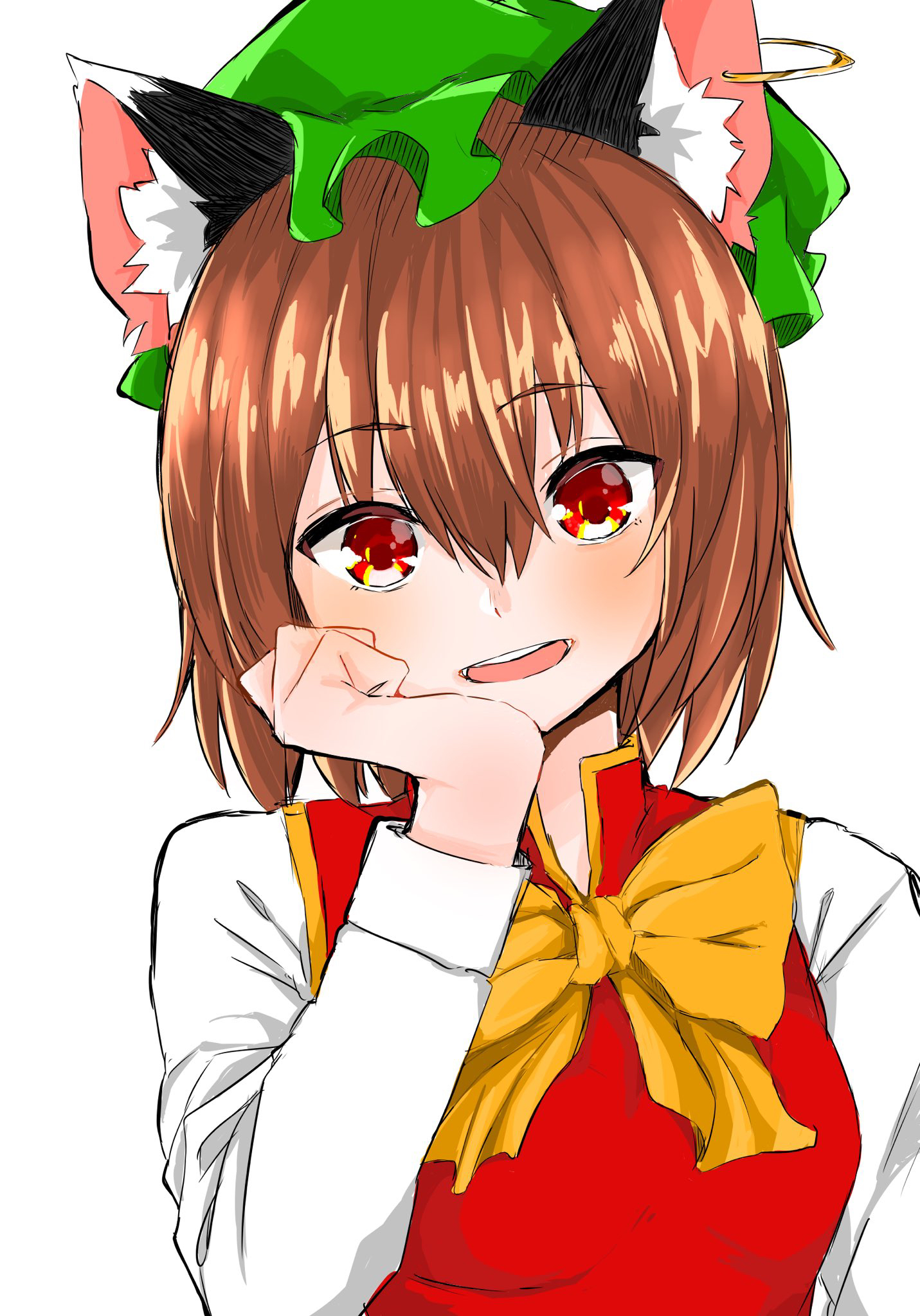 yukkerupii, chen, touhou, commentary request, highres, 1girl, animal ear fluff, animal ear piercing, animal ears, blush, bow, bowtie, breasts, brown hair, cat ears, earrings, frills, green hat, hair between eyes, hand on own cheek, hand on own face, hand up, happy, hat, head tilt, jewelry, long sleeves, looking at viewer, mob cap, open mouth, red eyes, red vest, short hair, simple background, single earring, small breasts, smile, solo, teeth, upper body, vest, white background, yellow bow, yellow bowtie