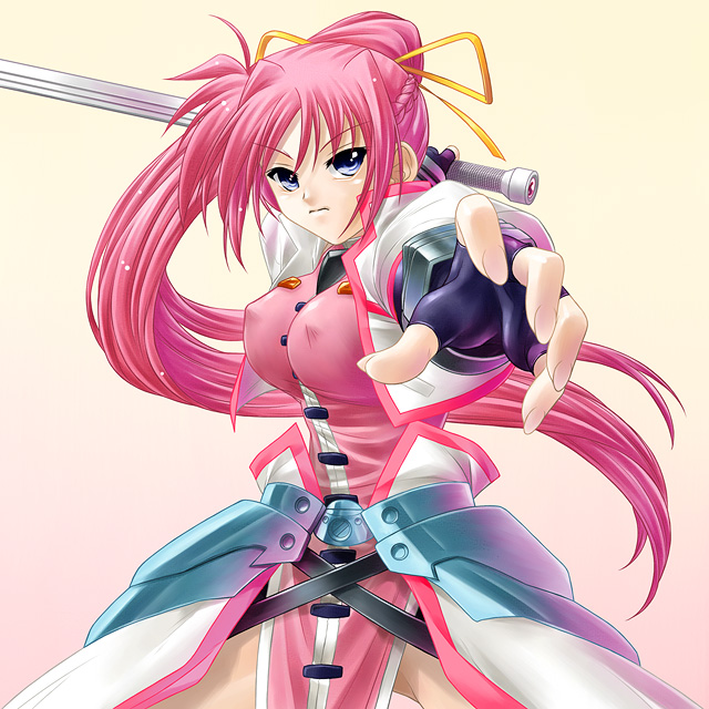 ayato, laevatein (nanoha), signum, lyrical nanoha, mahou shoujo lyrical nanoha, mahou shoujo lyrical nanoha strikers, 00s, 1girl, breasts, covered erect nipples, female focus, large breasts, long hair, pink hair, ponytail, solo, sword, weapon, whip sword