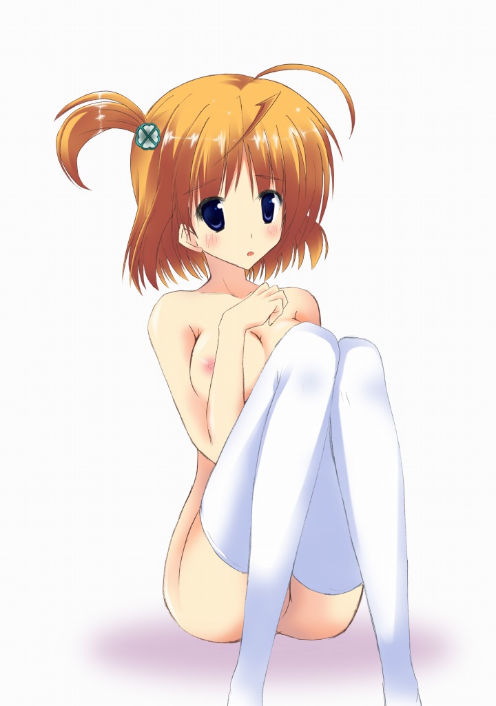 akane souichi, tsukishima koko, da capo, da capo ii, 00s, 1girl, blonde hair, blue eyes, breasts, female focus, medium breasts, nipples, side ponytail, solo, thighhighs, topless female