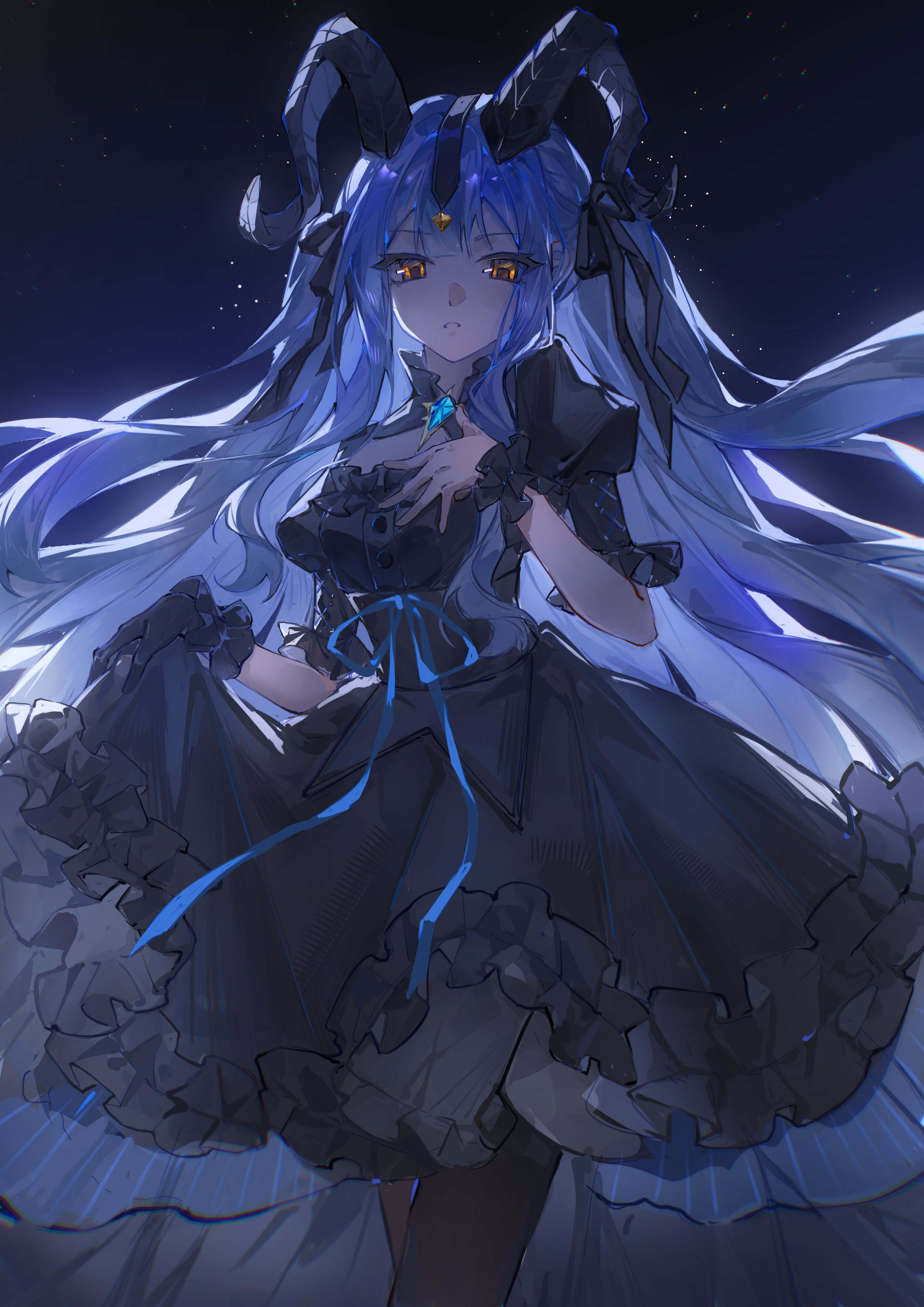 togawa sakiko, arknights, bang dream!, bang dream! it's mygo!!!!!, absurdres, chinese commentary, commentary request, highres, 1girl, backlighting, black background, black dress, black gloves, black horns, black pantyhose, black ribbon, blue hair, cowboy shot, curled horns, detached collar, dress, frilled dress, frills, gloves, hair ribbon, hand up, horns, long hair, looking at viewer, lu yan yan, pantyhose, ribbon, sidelocks, single glove, skirt hold, solo, standing, togawa sakiko (master of melodia), wrist cuffs, yellow eyes