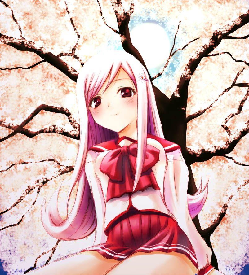 lucy maria misora, to heart (series), to heart 2, 00s, blush, miniskirt, pink hair, red eyes, ribbon, school uniform, serafuku, sitting, skirt, solo, tree