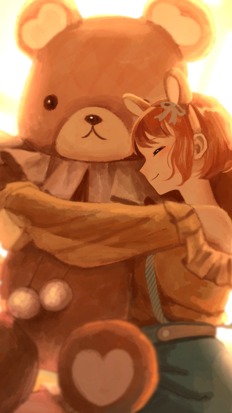 1 hcs, nikki (series), shining nikki, highres, 1girl, animal ear hairband, animal ears, aqua skirt, bear ear hairband, bear ears, belt, belt buckle, brown belt, buckle, closed eyes, closed mouth, cowboy shot, fake animal ears, frilled shirt, frills, from side, grey ribbon, hair ribbon, hairband, high-waist skirt, holding, holding stuffed toy, hugging object, light blush, off-shoulder shirt, off shoulder, oversized object, pointy nose, pom pom (clothes), puffy sleeves, ribbon, shirt, skirt, smile, solo, stuffed animal, stuffed toy, stylist (nikki), suspender skirt, suspenders, teddy bear, white background, yellow shirt