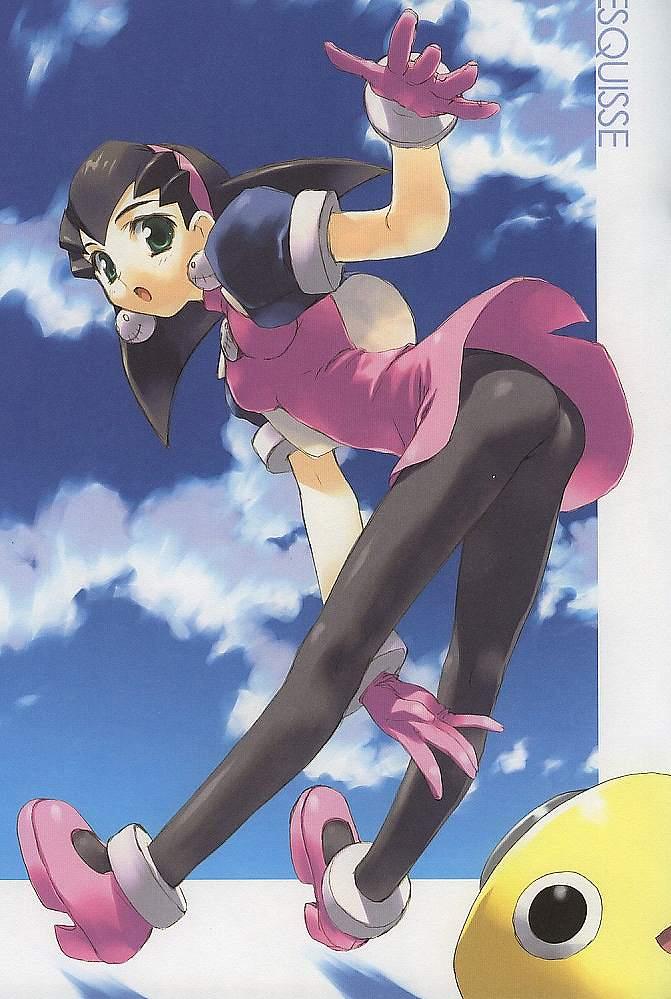 amazuyu tatsuki, mitsumi misato, servbot (mega man), tron bonne (mega man), capcom, mega man (series), mega man legends (series), jpeg artifacts, scan, 1girl, full body, gloves, hair slicked back, hairband, pantyhose, pink shoes, shoes, upskirt