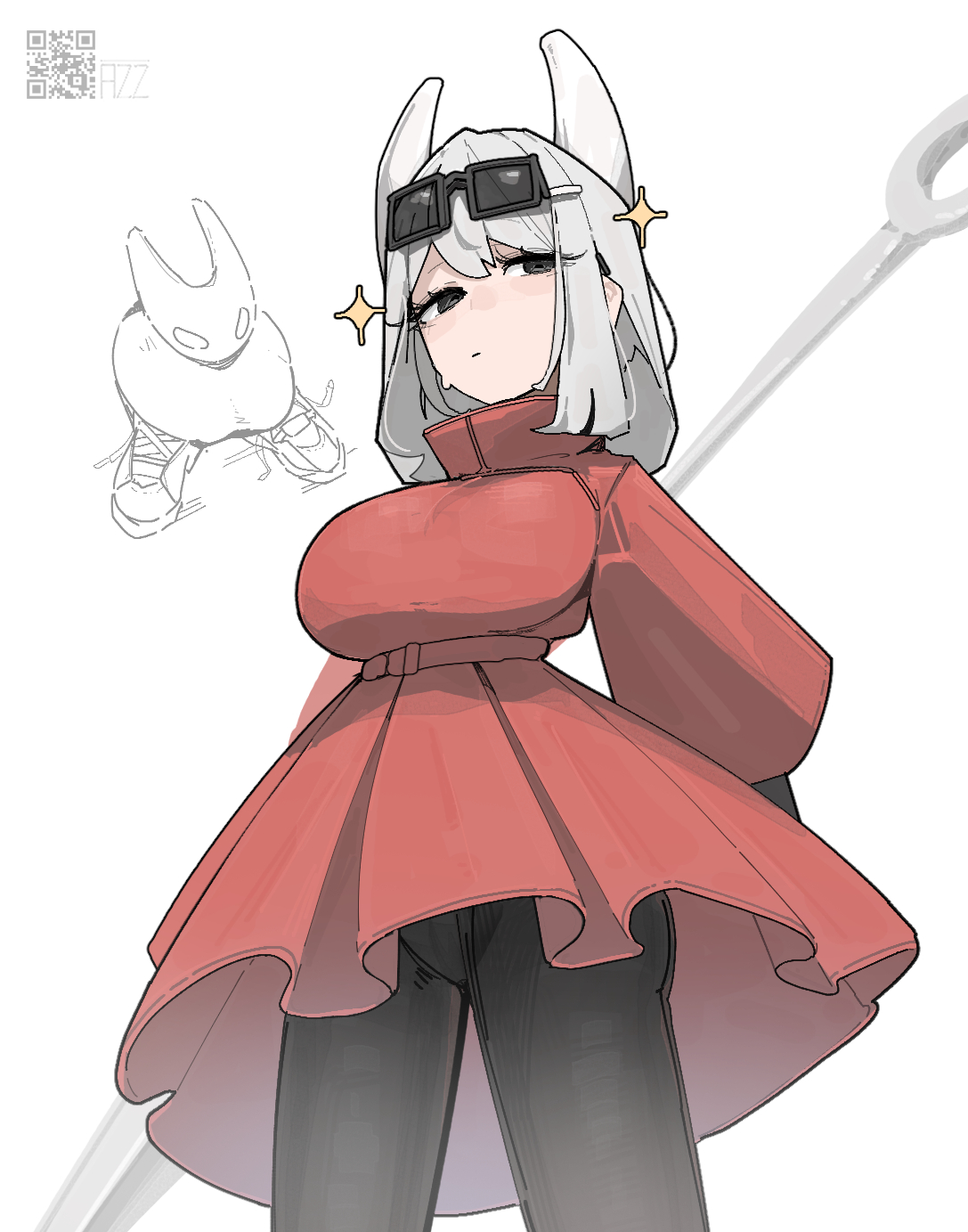 azz0422, hornet (hollow knight), hollow knight, hollow knight: silksong, commentary, english commentary, highres, 1girl, black eyes, black pantyhose, breasts, cowboy shot, dress, drip (meme), eyewear on head, grey hair, holding, holding polearm, holding weapon, horns, humanization, large breasts, looking to the side, medium hair, meme, needle (hollow knight), pantyhose, polearm, red dress, shoes, simple background, solo, sparkle, sunglasses, weapon, white background, white horns