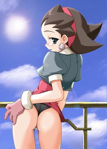 tron bonne (mega man), capcom, mega man (series), mega man legends (series), artist request, lowres, 1girl, ass, bare legs, black hair, blush, brown hair, cloud, day, earrings, female focus, from behind, gloves, green eyes, hair slicked back, hairband, jewelry, looking back, no legwear, panties, pantyshot, pink hairband, short hair, solo, sun, thong, underwear