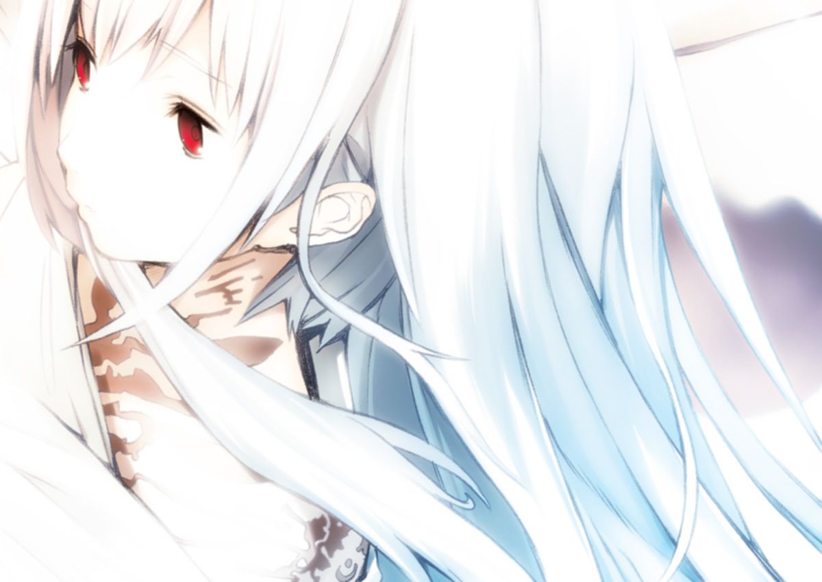 houden eizou, byakki, wagaya no oinari-sama, 00s, close-up, long hair, pale skin, red eyes, solo, tattoo, white hair, white theme