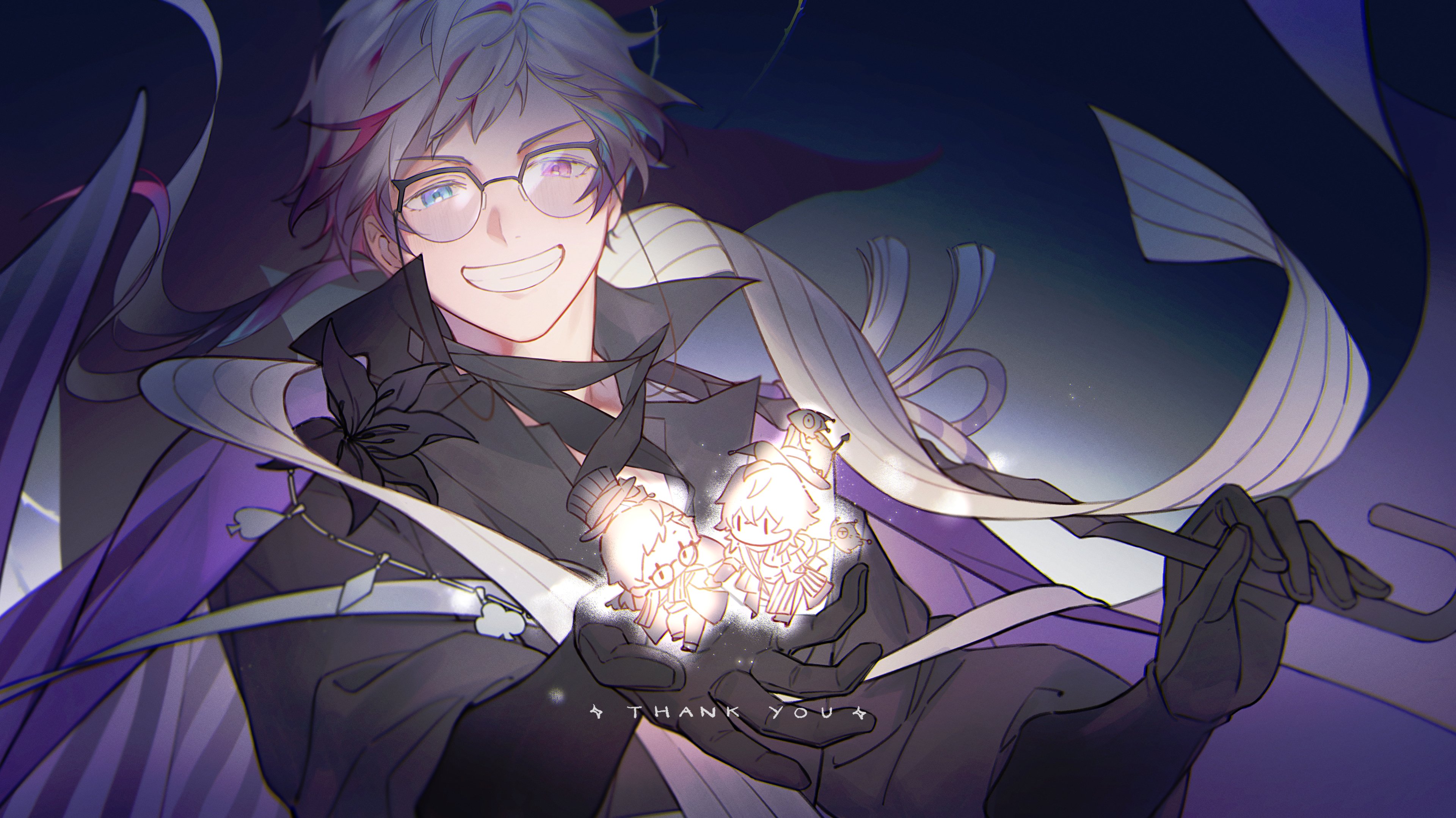chul (pacifique), bettel 2 (gavis bettel), gavis bettel, holostars, holostars english, absurdres, highres, 1boy, black gloves, black shirt, blue eyes, brothers, chibi, dark background, glasses, gloves, grey hair, grin, heterochromia, looking at viewer, pink eyes, shirt, short hair, siblings, smile, solo, stole, teeth, twins, upper body, virtual youtuber