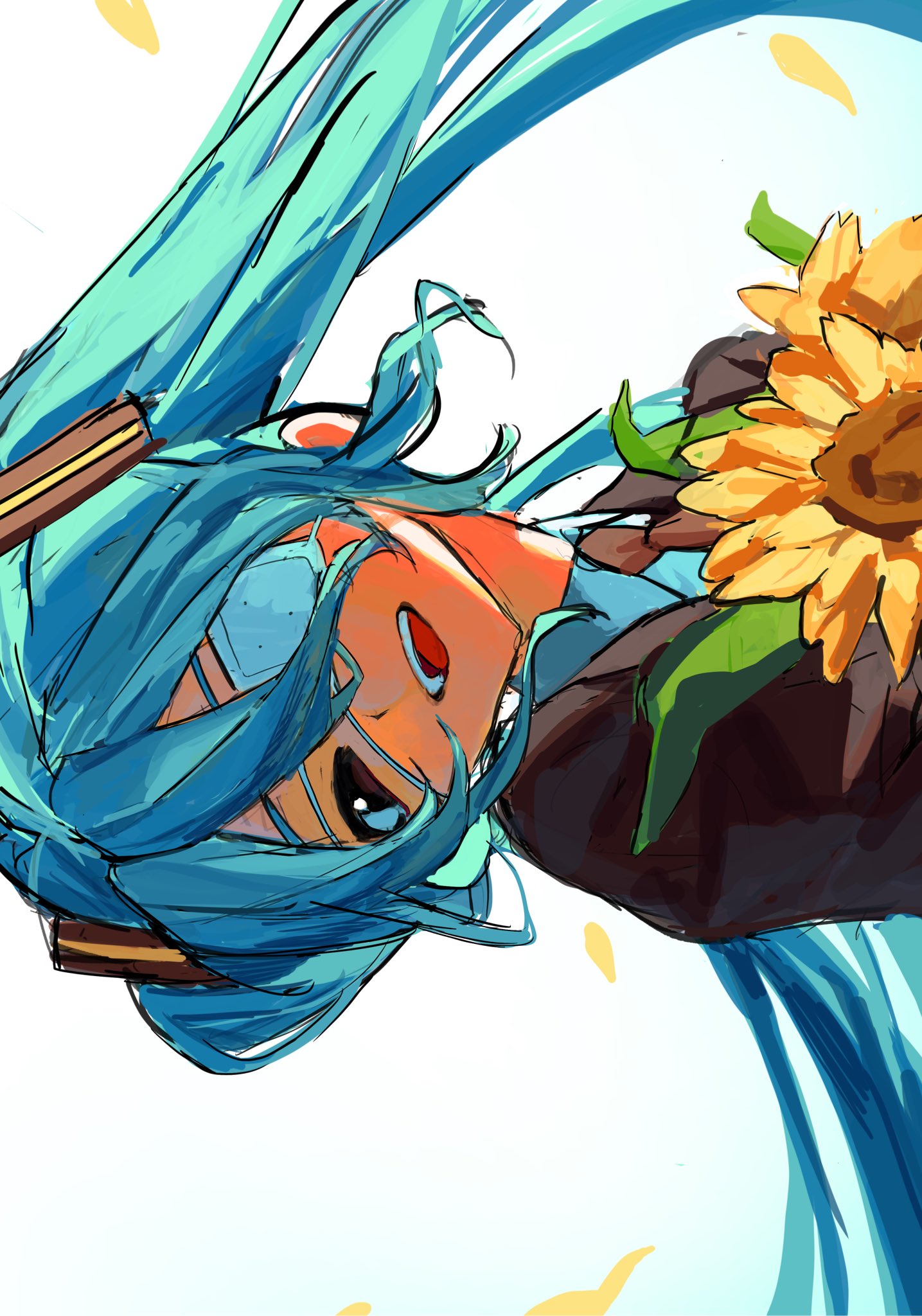waguwagu090908, hatsune miku, monitoring (vocaloid), vocaloid, hashtag-only commentary, highres, 1girl, aqua hair, black jacket, blush, brown eyes, eyepatch, flower, hair between eyes, happy, holding, holding flower, jacket, long hair, looking at viewer, medical eyepatch, necktie, open mouth, simple background, smile, solo, sunflower, twintails, very long hair, yellow petals