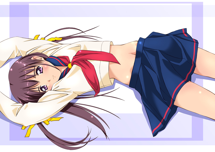 murakami suigun, f-ism, blush, long hair, lying, midriff, school uniform, serafuku, skirt, solo, twintails