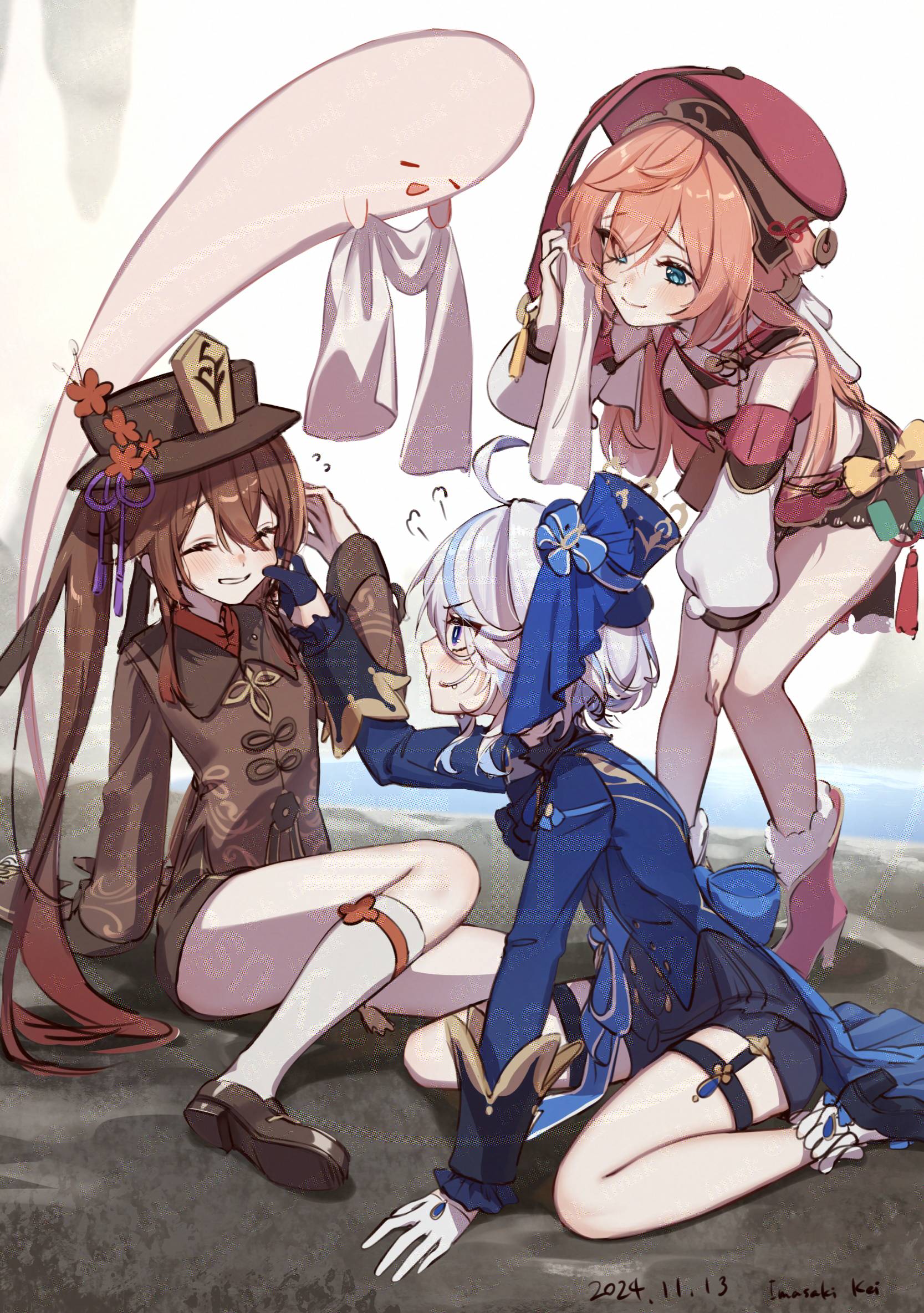imasaki kei, boo tao (genshin impact), furina (genshin impact), hu tao (genshin impact), yanfei (genshin impact), genshin impact, highres, 3girls, antlers, aqua eyes, artist name, bare legs, black gloves, black hat, black shirt, black shoes, black shorts, blue eyes, blue hat, blue jacket, boots, breasts, brown hair, cheek pinching, cleavage, crop top, dated, deer antlers, detached sleeves, flower, gloves, hat, horns, jacket, long hair, long sleeves, multiple girls, pinching, pink hair, red boots, red flower, red hat, red skirt, ribbon, scarf, shirt, shoes, short hair, shorts, simple background, skirt, socks, thigh strap, twintails, twitter username, white background, white gloves, white hair, white sleeves, white socks, yellow ribbon