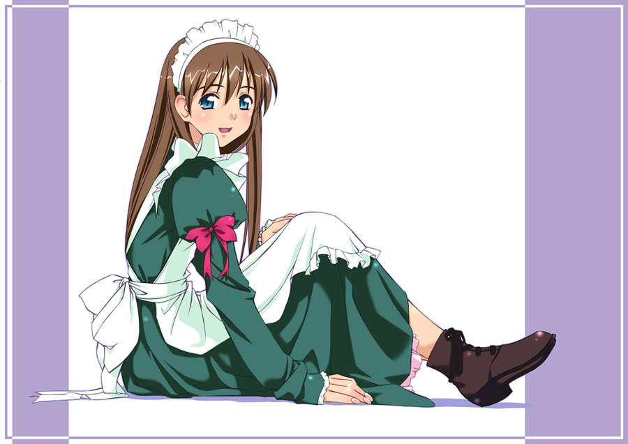 murakami suigun, f-ism, blue eyes, boots, brown hair, long hair, maid, solo