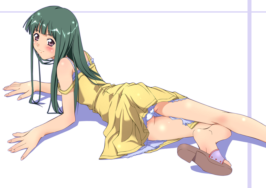 murakami suigun, f-ism, feet, flip-flops, green hair, long hair, panties, pantyshot, red eyes, sandals, soles, solo, underwear
