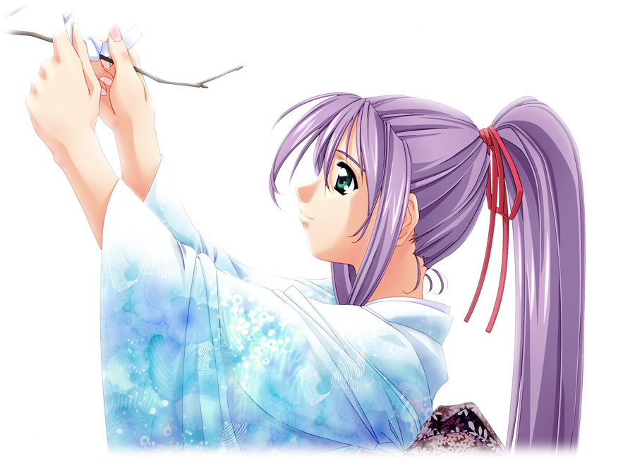murakami suigun, f-ism, green eyes, japanese clothes, kimono, long hair, ponytail, purple hair, solo