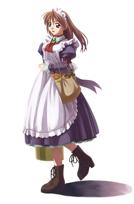 murakami suigun, f-ism, boots, brown hair, long hair, maid, purple eyes, solo
