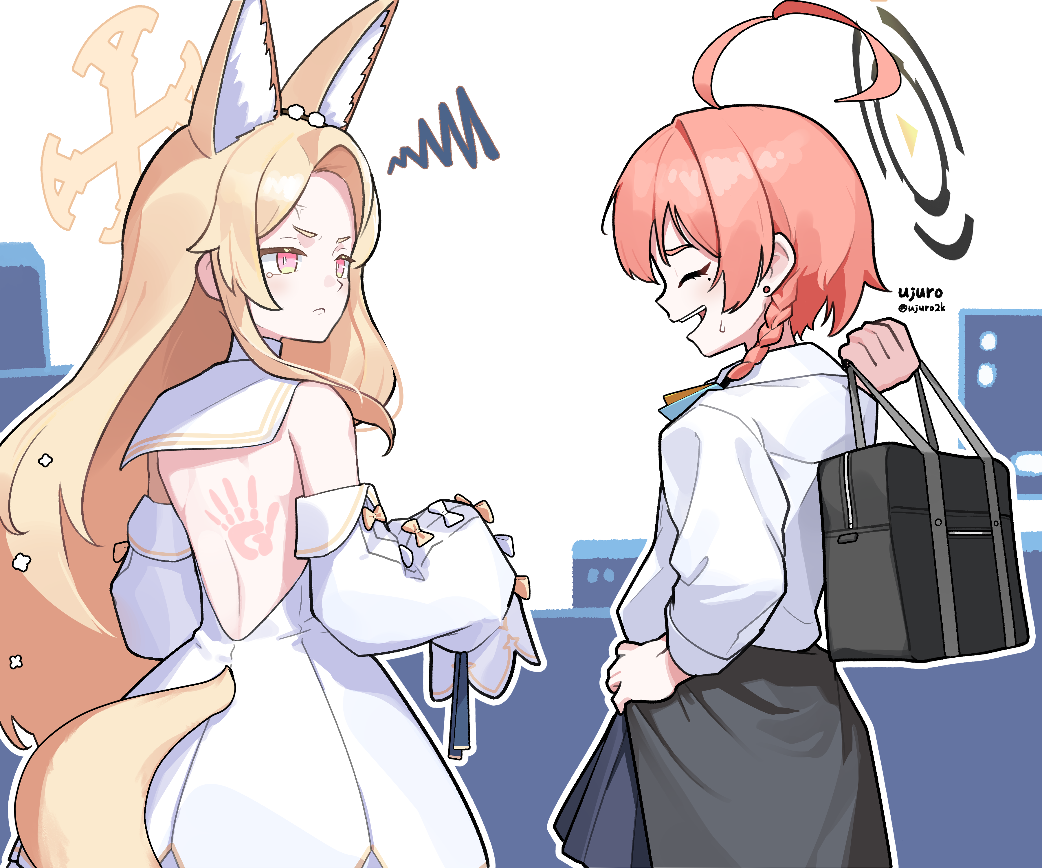 ujuro, neru (blue archive), neru (school uniform) (blue archive), seia (blue archive), blue archive, absurdres, commentary request, highres, 2girls, :d, ^ ^, ahoge, animal ear fluff, animal ears, annoyed, backless outfit, bag, bare back, black halo, black jacket, black skirt, blonde hair, bow, braid, braided sidelock, building, cityscape, closed eyes, clothes around waist, collared shirt, cowboy shot, detached sleeves, dress, extra ears, flower, fox ears, fox girl, fox tail, from behind, hair between eyes, hair flower, hair ornament, halo, hand on own hip, holding, holding bag, jacket, jacket around waist, long hair, long sleeves, looking at another, medium hair, mole, mole under eye, multicolored halo, multiple girls, official alternate costume, open mouth, orange eyes, parted bangs, pleated skirt, red bow, sailor collar, sailor dress, school bag, school uniform, shirt, sidelocks, simple background, single braid, skirt, skyscraper, slap mark, sleeves past fingers, sleeves past wrists, smile, standing, sweatdrop, tail, two-tone halo, v-shaped eyebrows, white background, white sailor collar, white shirt, wide sleeves, yellow halo