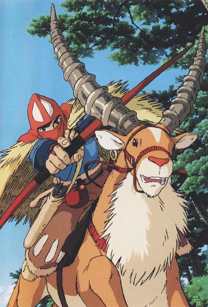 miyazaki hayao, ashitaka, yakul, mononoke hime, studio ghibli, 1990s (style), 1boy, @ @, aiming, aiming at viewer, animal, arrow (projectile), blue shirt, bow (weapon), covered mouth, day, drawing bow, elk, forest, hat, holding, holding bow (weapon), holding weapon, hood, horns, layered sleeves, long sleeves, male focus, mask, nature, outdoors, plant, quiver, retro artstyle, riding, shirt, short over long sleeves, short sleeves, solo, tree, v-shaped eyebrows, weapon