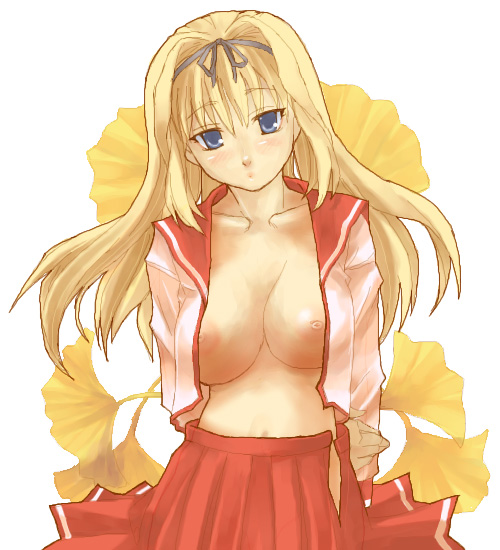 blue (ao maru), kusugawa sasara, to heart (series), to heart 2, 00s, 1girl, blonde hair, breasts, female focus, large breasts, no bra, open clothes, open shirt, school uniform, serafuku, shirt, solo