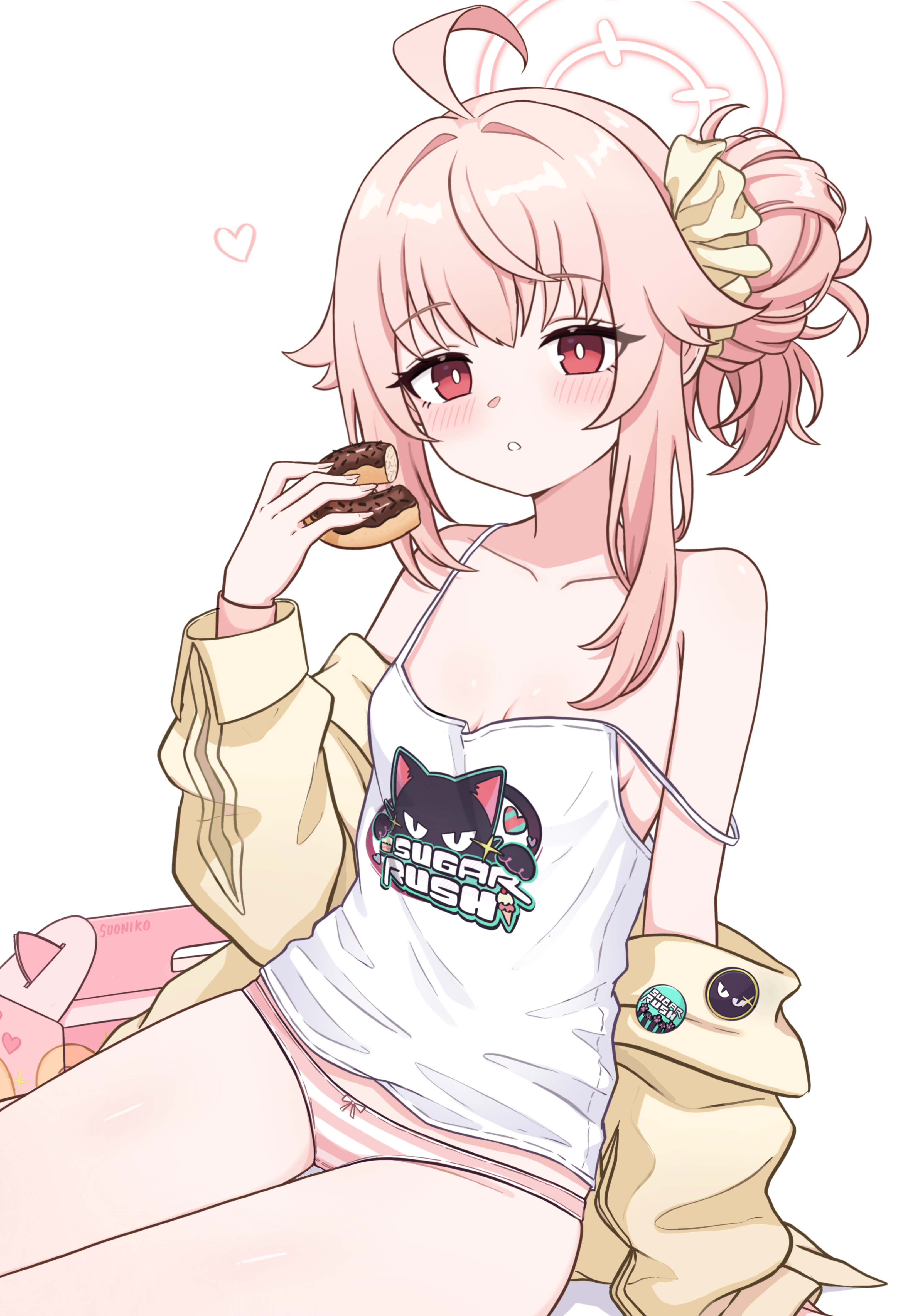 suoniko, natsu (band) (blue archive), natsu (blue archive), blue archive, absurdres, highres, 1girl, breasts, cleavage, closed mouth, donut, food, halo, holding, holding donut, holding food, looking at viewer, official alternate costume, pink hair, red eyes, simple background, sitting, small breasts, solo, white background, white halo