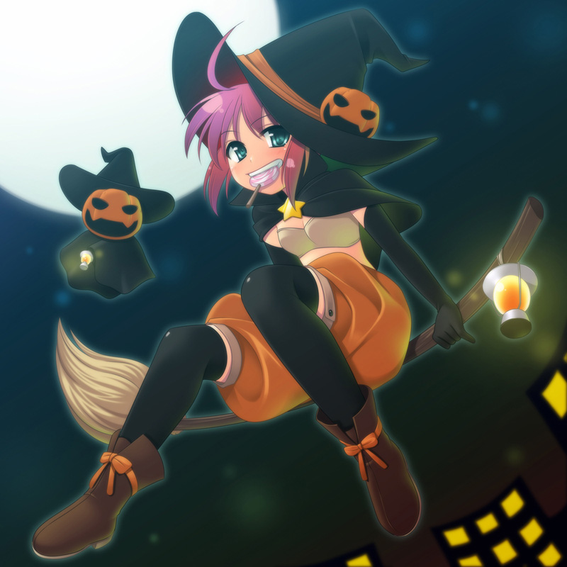hazuki (etcxetc), 1girl, broom, broom riding, candy, female focus, food, food-themed hair ornament, full moon, hair ornament, halloween, hat, jack-o'-lantern, lollipop, moon, pumpkin, pumpkin hair ornament, sidesaddle, solo, swirl lollipop, thighhighs, witch, witch hat