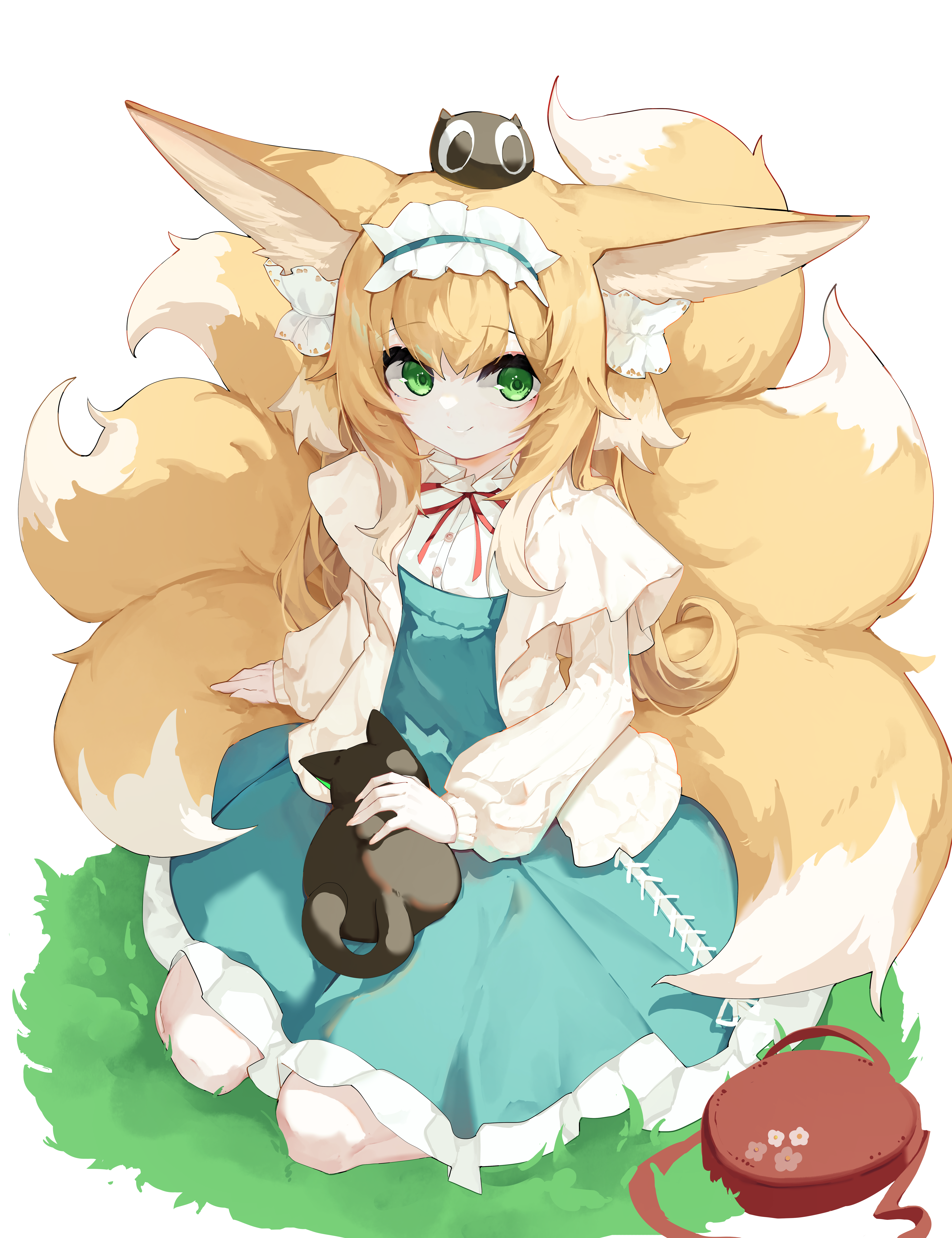 aoria, heixiu, luo xiaohei, luo xiaohei (cat), suzuran (arknights), suzuran (spring praise) (arknights), arknights, luo xiaohei zhanji, absurdres, commentary, highres, 1girl, animal ear fluff, animal ears, black cat, blonde hair, cat, closed mouth, fox ears, fox girl, fox tail, frilled hairband, frills, green eyes, hairband, kitsune, long sleeves, multiple tails, official alternate costume, on head, open clothes, red ribbon, ribbon, sitting, smile, tail