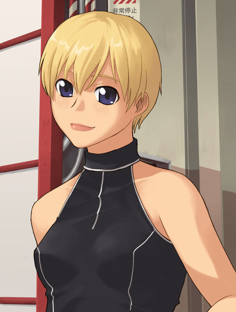 yizumi, original, bare shoulders, blonde hair, blue eyes, short hair, sleeveless, sleeveless turtleneck, solo, turtleneck