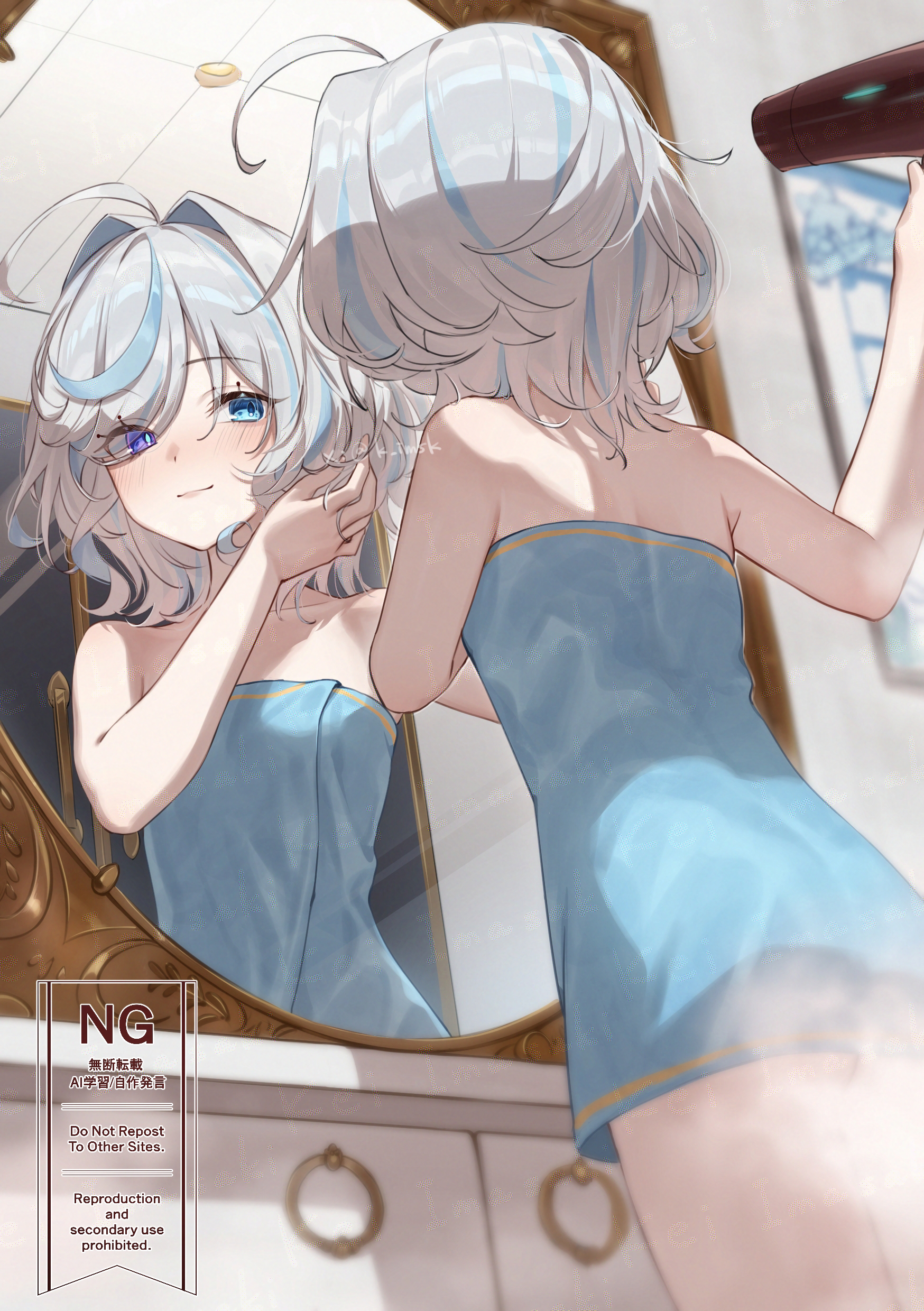 imasaki kei, furina (genshin impact), genshin impact, absurdres, highres, 1girl, ahoge, blue eyes, blue hair, breasts, closed mouth, drying, drying hair, drying own hair, from behind, grey hair, hand in own hair, heterochromia, indoors, long hair, looking at mirror, mirror, multicolored hair, naked towel, reflection, slice of life, small breasts, solo, streaked hair, thighs, towel, two-tone hair