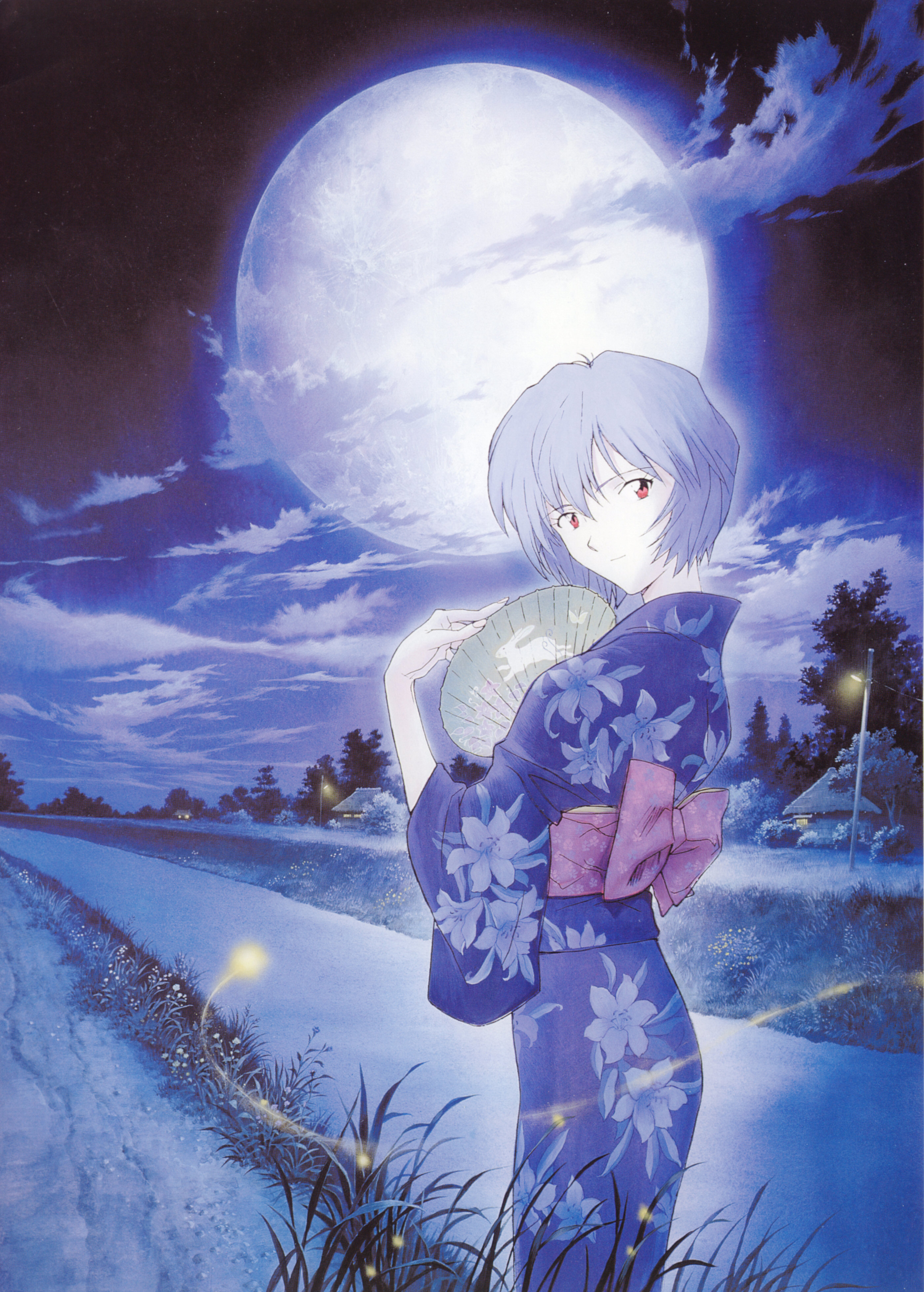 honda takeshi, sadamoto yoshiyuki, ayanami rei, neon genesis evangelion, absurdres, highres, scan, 1girl, blue hair, blue theme, bug, cloud, female focus, fireflies, firefly, full moon, hand fan, house, insect, japanese clothes, kimono, lamppost, looking back, moon, night, pale skin, paper fan, path, perspective, rabbit, red eyes, reeds, road, short hair, smile, solo, stream, tree, uchiwa, water