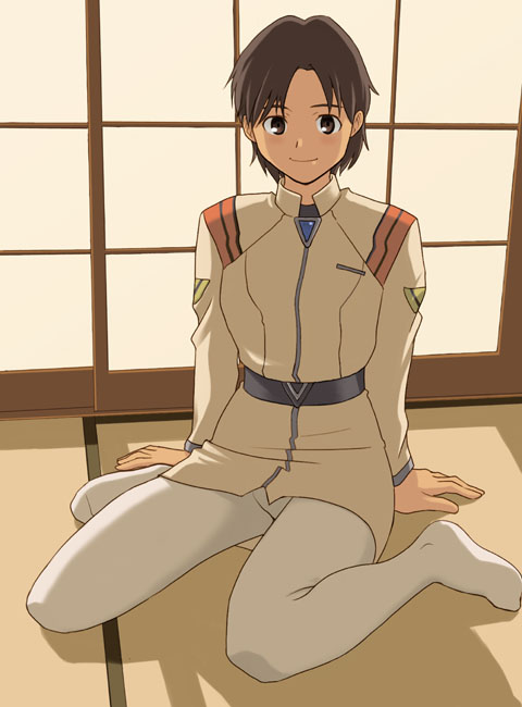 yizumi, ibuki maya, neon genesis evangelion, uniform, 1girl, androgynous, brown eyes, brown hair, female focus, pantyhose, pencil skirt, raglan sleeves, short hair, skirt, solo, white pantyhose