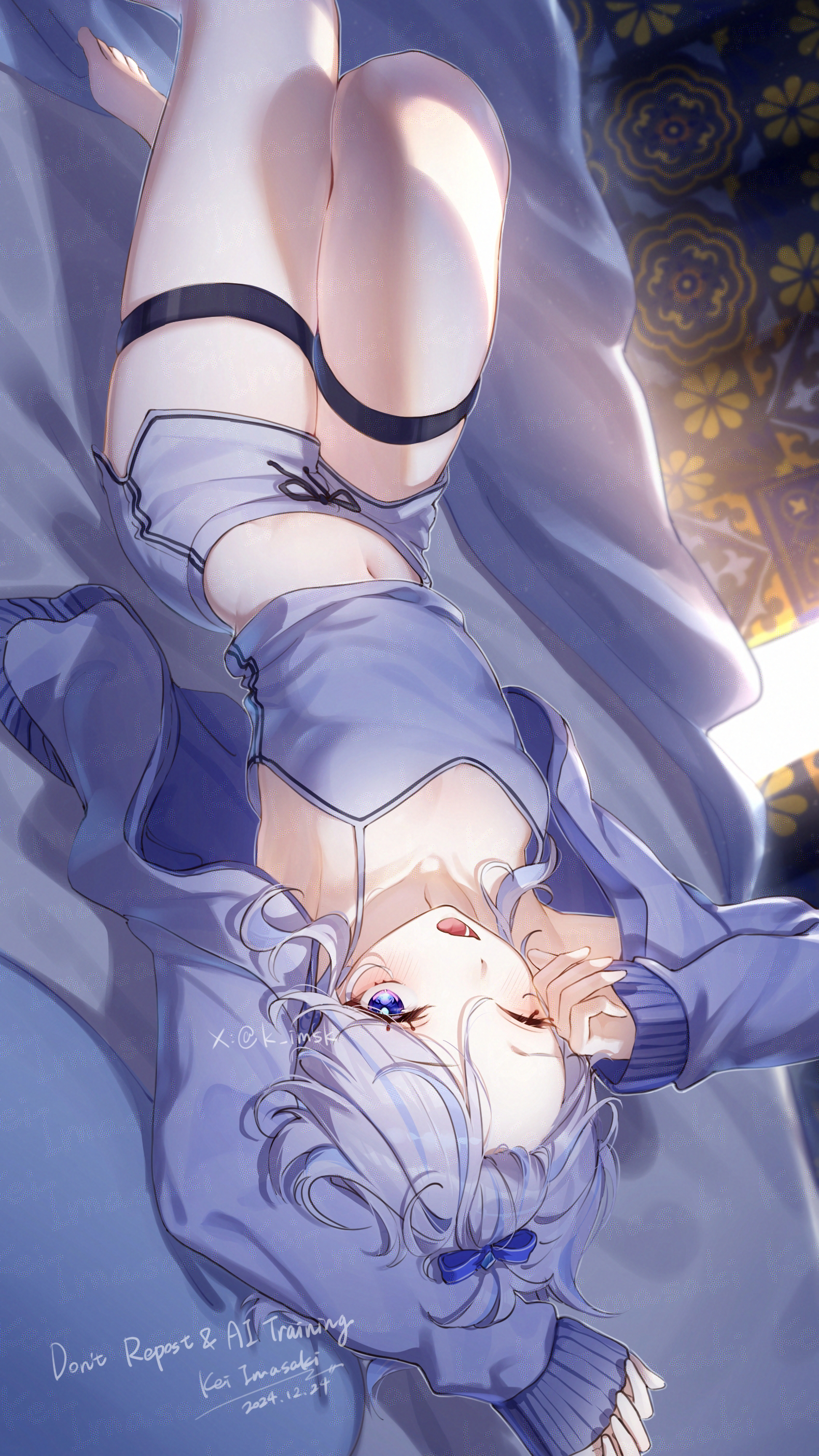 imasaki kei, furina (genshin impact), genshin impact, absurdres, highres, 1girl, alternate costume, blue eyes, blue shorts, drop-shaped pupils, jacket, long sleeves, looking at viewer, lying, midriff, navel, on back, on bed, one eye closed, open clothes, open jacket, open mouth, short hair, shorts, solo, symbol-shaped pupils, thigh strap, upside-down