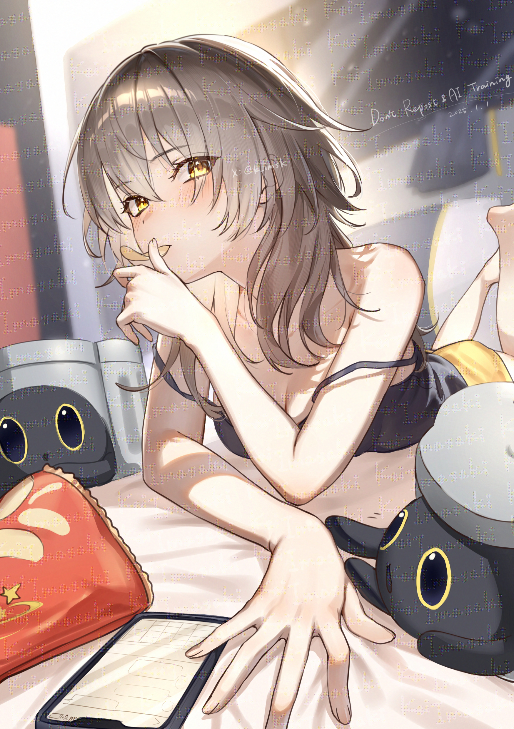 imasaki kei, critter pick (honkai: star rail), stelle (honkai: star rail), trailblazer (honkai: star rail), trailblazer (trash cake) (honkai: star rail), honkai: star rail, honkai (series), absurdres, highres, 1girl, bare shoulders, barefoot, bed, black tank top, blush, cellphone, chips (food), food, grey hair, hair between eyes, long hair, looking at viewer, mouth hold, phone, potato chips, shorts, smartphone, snack, solo, strap slip, tank top, yellow eyes, yellow shorts