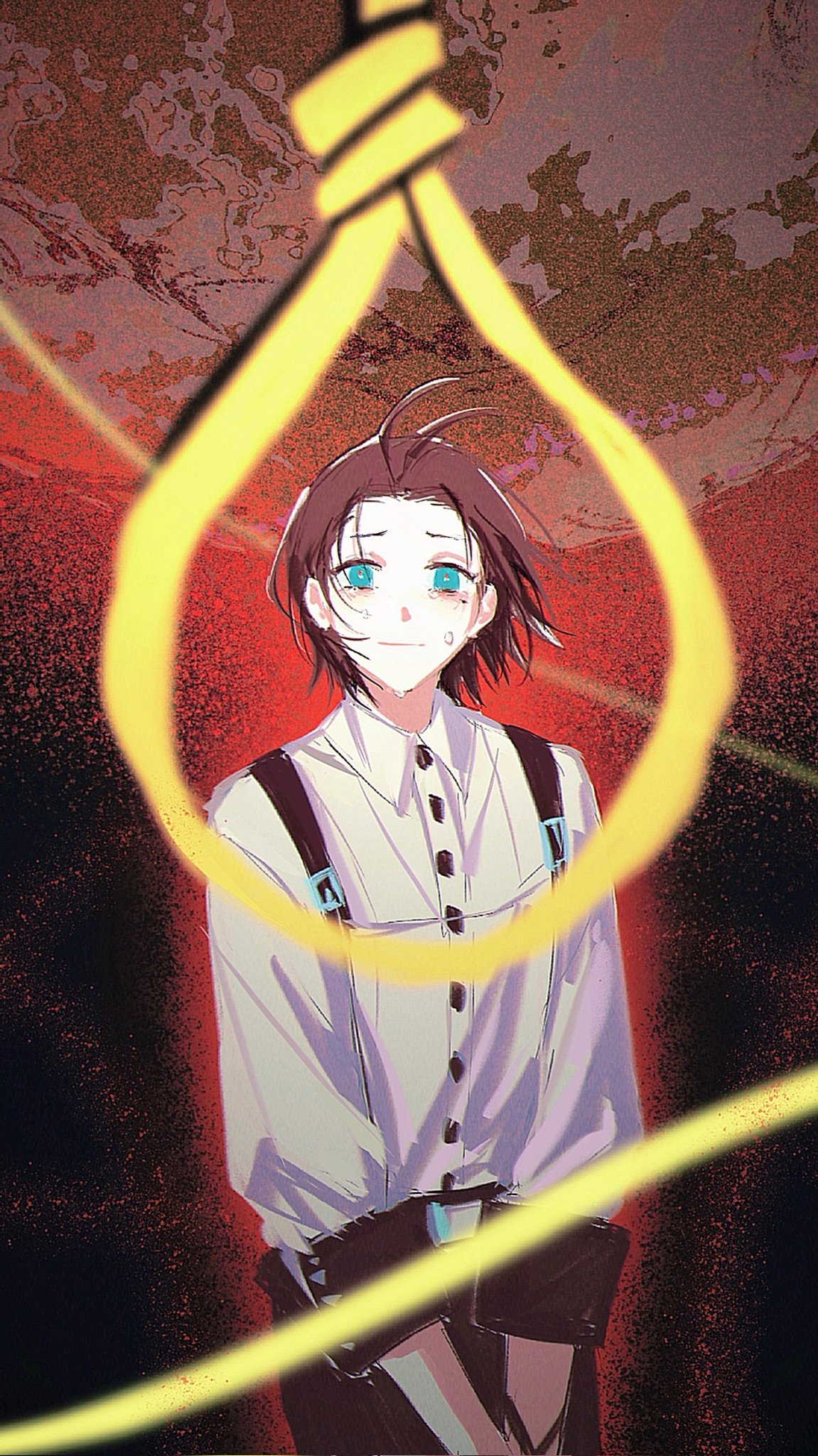 mochizuki ryouji, persona, persona 3, commentary, highres, symbol-only commentary, 1boy, antenna hair, aqua eyes, belt, black background, black hair, black pants, blurry, blurry foreground, buttons, closed mouth, cowboy shot, crying, crying with eyes open, dress shirt, looking at viewer, moon, noose, own hands together, pants, red background, shirt, short hair, sleeves rolled up, solo, songbingchu, suspenders, tears, white shirt