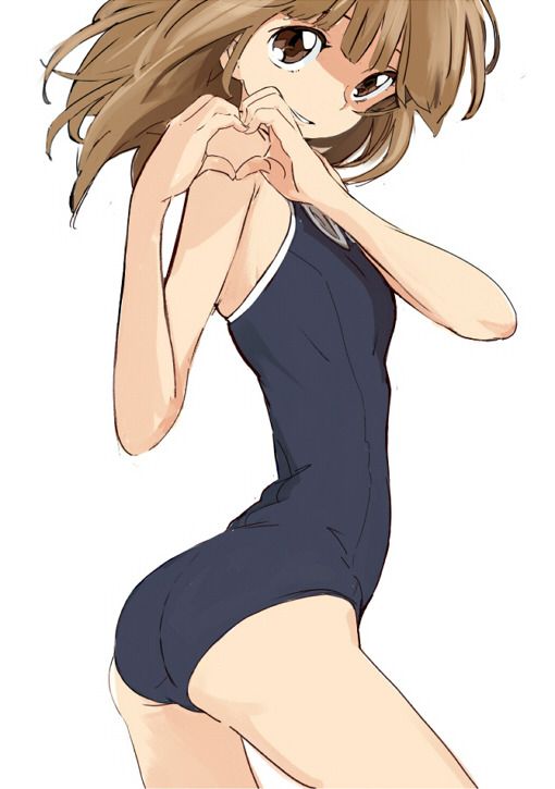non-web source, 1girl, ass, brown eyes, brown hair, flat chest, legs, looking at viewer, one-piece swimsuit, simple background, smile, solo, swimsuit