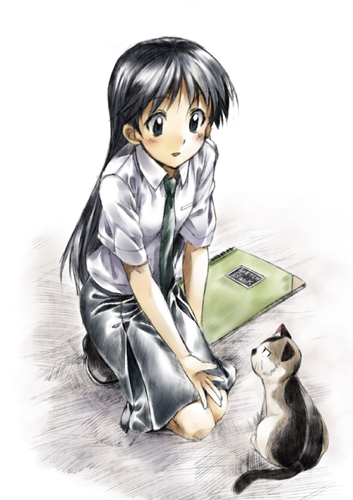 mizuki makoto, kajiwara sora, mike (sketchbook full colors), sketchbook full colors, 00s, 1girl, :o, animal, black eyes, black hair, black necktie, black skirt, blush, cat, collared shirt, dress shirt, female focus, full body, kneeling, necktie, parted lips, shirt, short sleeves, simple background, skirt, solo, white background, white shirt