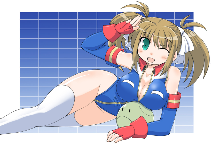naitou kouse, haro, naitou, reiko holinger, gundam, gundam card builder, 1girl, breasts, brown hair, cleavage, female focus, green eyes, highleg, highleg leotard, huge breasts, large breasts, leotard, one eye closed, solo, thighhighs, twintails, white thighhighs, wink