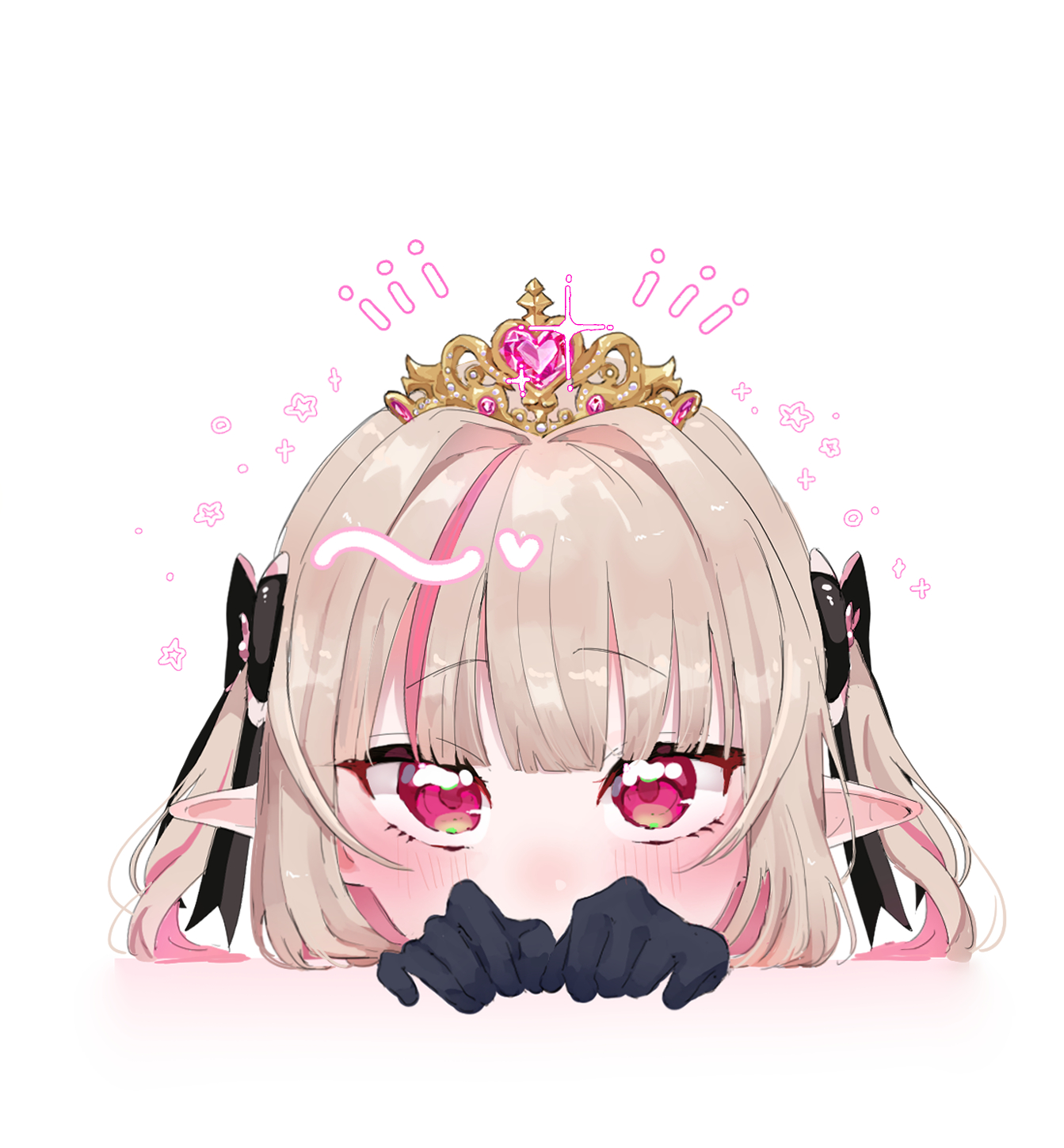 emi537469, makaino ririmu, nijisanji, highres, 1girl, black gloves, black ribbon, blunt bangs, blush, colored inner hair, covered mouth, frilled ribbon, frills, gloves, grey hair, hair intakes, hair ribbon, heart, idol clothes, looking at viewer, multicolored hair, nijisanji idol uniform, official alternate costume, peeking out, pink hair, pointy ears, red eyes, ribbon, sidelocks, simple background, solo, straight-on, streaked hair, tiara, two side up, upturned eyes, virtual youtuber, white background