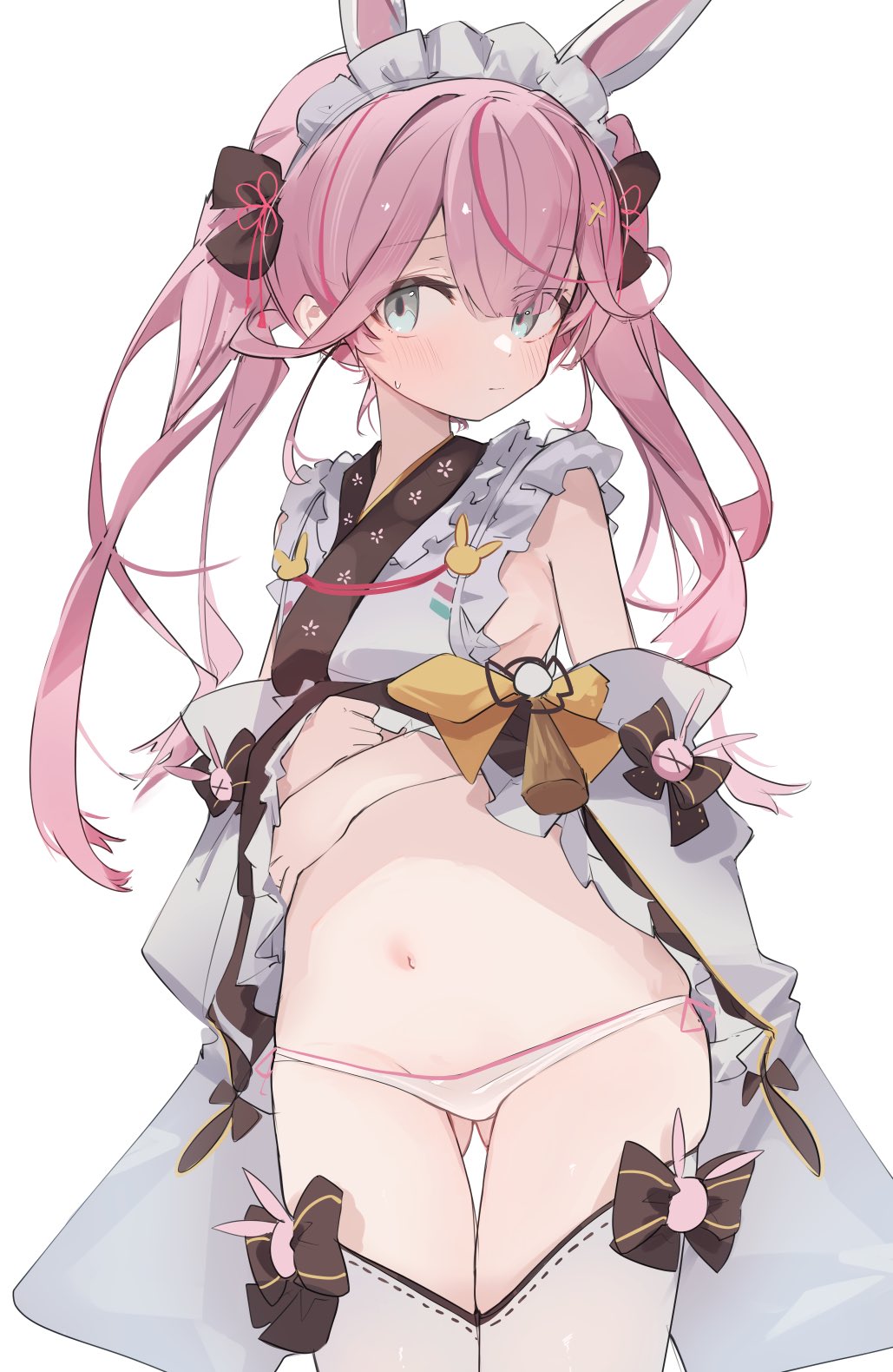mikozin, indie virtual youtuber, highres, second-party source, 1girl, blue eyes, blush, breasts, closed mouth, clothes lift, detached sleeves, frills, gluteal fold, japanese clothes, kimono, lifting own clothes, long hair, looking at viewer, navel, panties, pink hair, side-tie panties, simple background, small breasts, solo, sweatdrop, twintails, underwear, virtual youtuber, white background, white panties, white sleeves