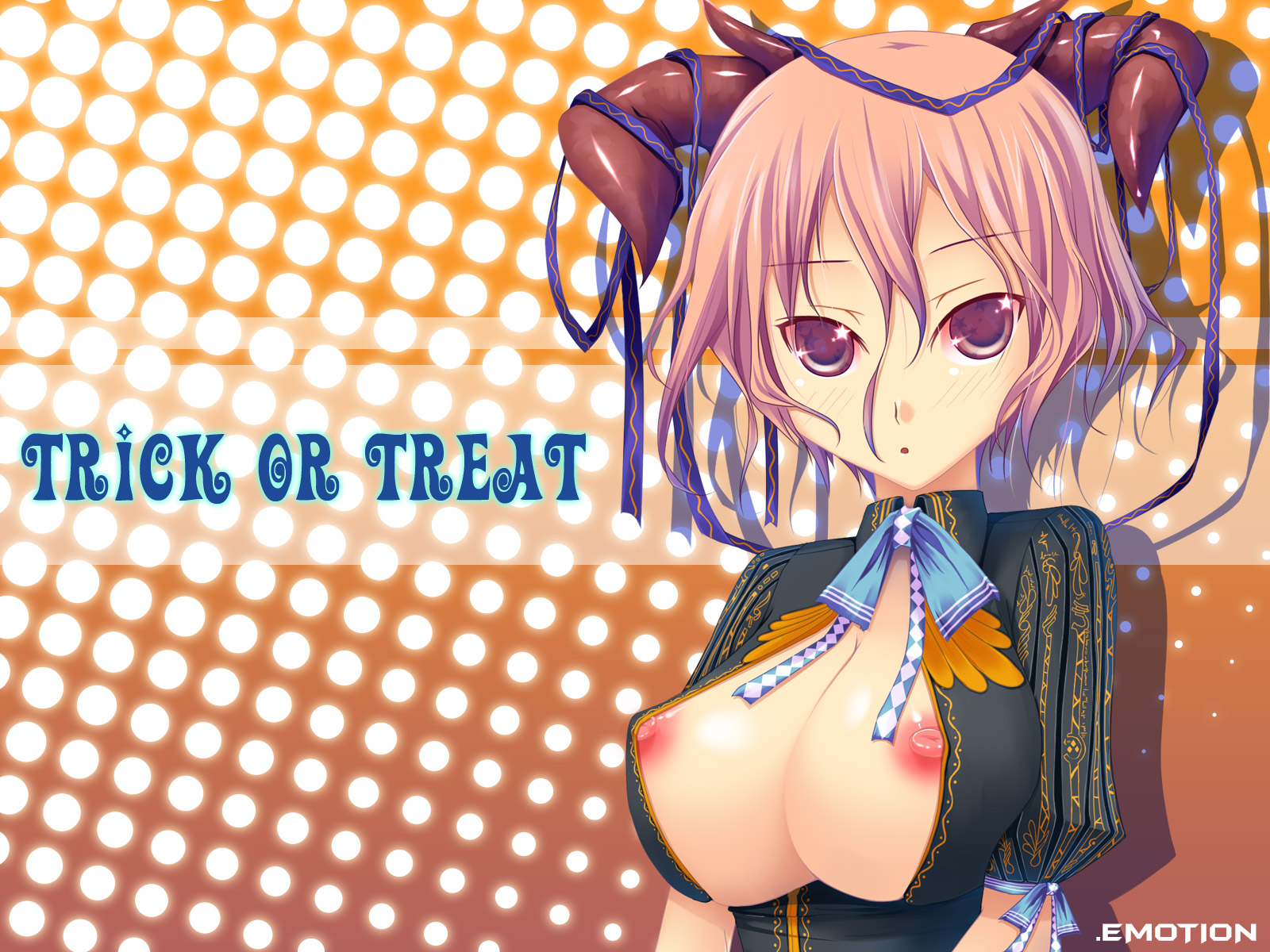 kirise mitsuru, highres, 1girl, breasts, demon girl, female focus, halloween, horns, huge breasts, looking at viewer, nipple slip, nipples, pink eyes, pink hair, short hair, solo, trick or treat