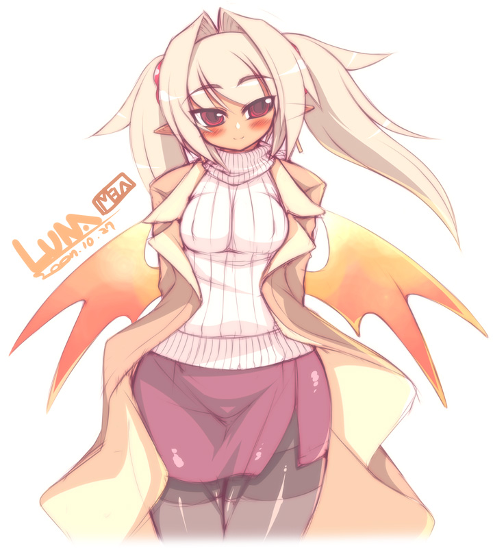 mel/a, luna (mel/a), original, 1girl, arms behind back, black pantyhose, blonde hair, blush, dark-skinned female, dark skin, female focus, hair bobbles, hair ornament, hip focus, long coat, pantyhose, pencil skirt, pointy ears, red eyes, skirt, solo, sweater, thighband pantyhose, turtleneck, twintails, wide hips, wings