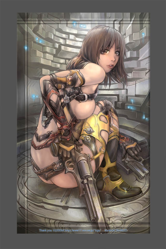 kuratch, original, 1girl, ass, breasts, brown eyes, brown hair, female focus, gun, handgun, large breasts, milestone celebration, revolver, sideboob, solo, strap, weapon