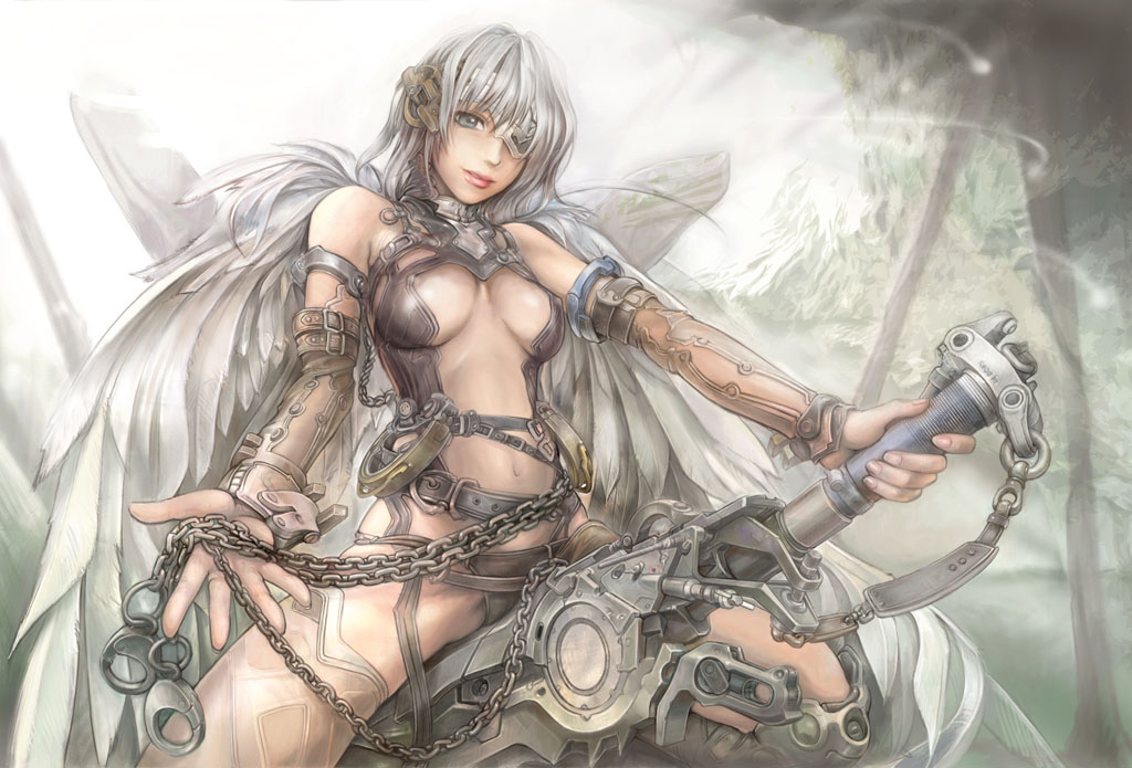 kuratch, original, 1girl, breasts, chain, eyepatch, female focus, medium breasts, sideboob, solo, spread legs, sword, weapon, white hair, wings