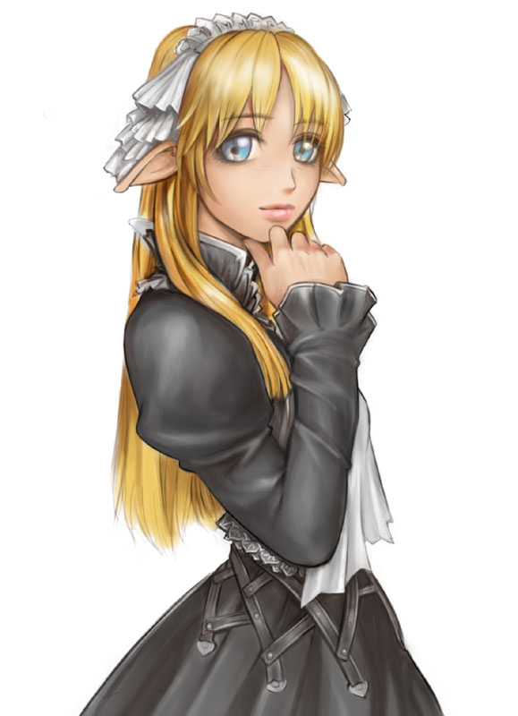 kuratch, original, blonde hair, blue eyes, elf, maid, pointy ears, solo