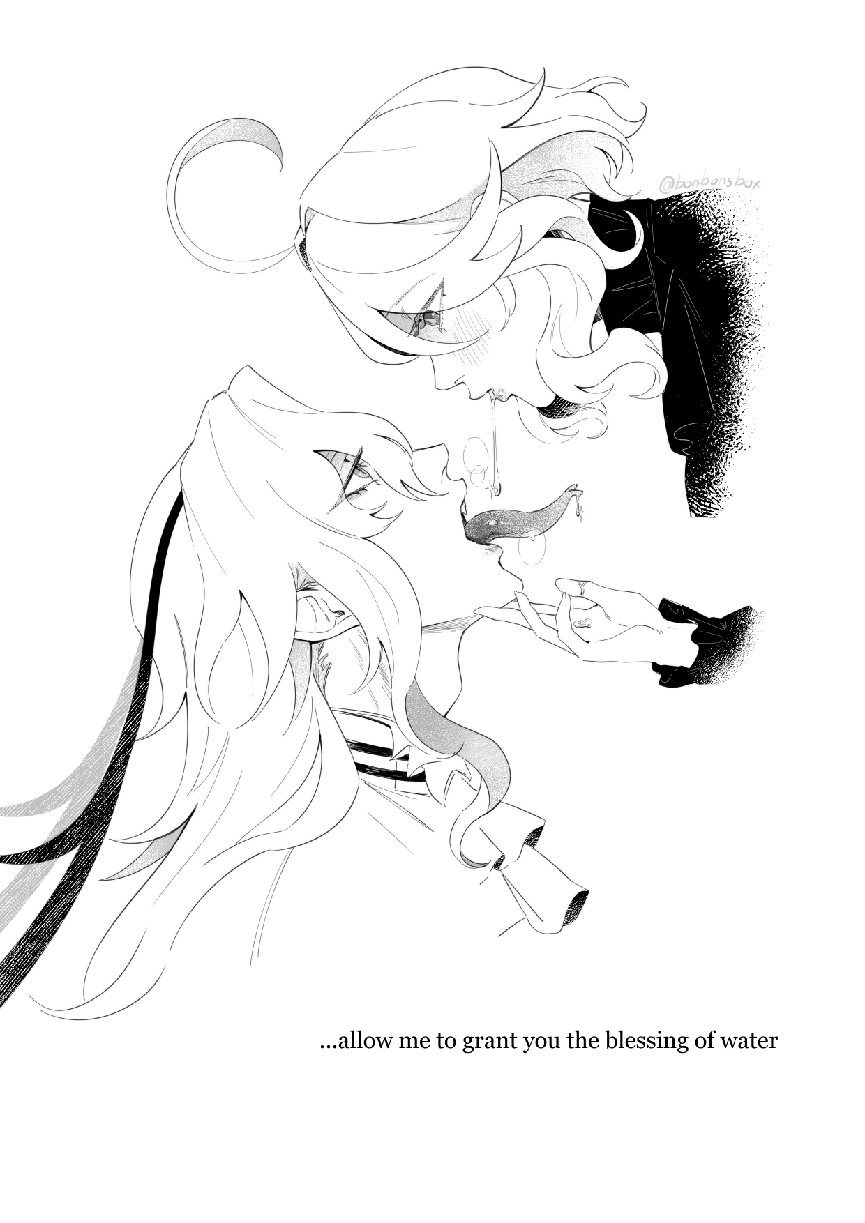 bonbon (bonesofbeskar), furina (genshin impact), neuvillette (genshin impact), genshin impact, commentary, english commentary, highres, 1boy, 1girl, assertive female, blush, breath, drooling, english text, eye contact, from side, greyscale, hand on another's chin, hetero, long tongue, looking at another, monochrome, open mouth, short hair, simple background, spitting in another's mouth, tongue, white background